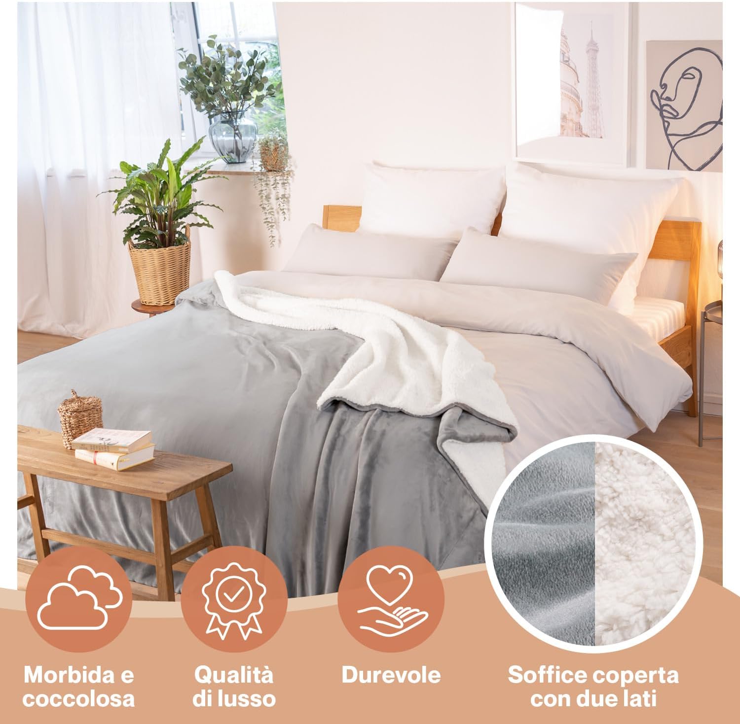 Blumtal Plaid in Pile Sherpa 230x270, Grigio - immagine 3