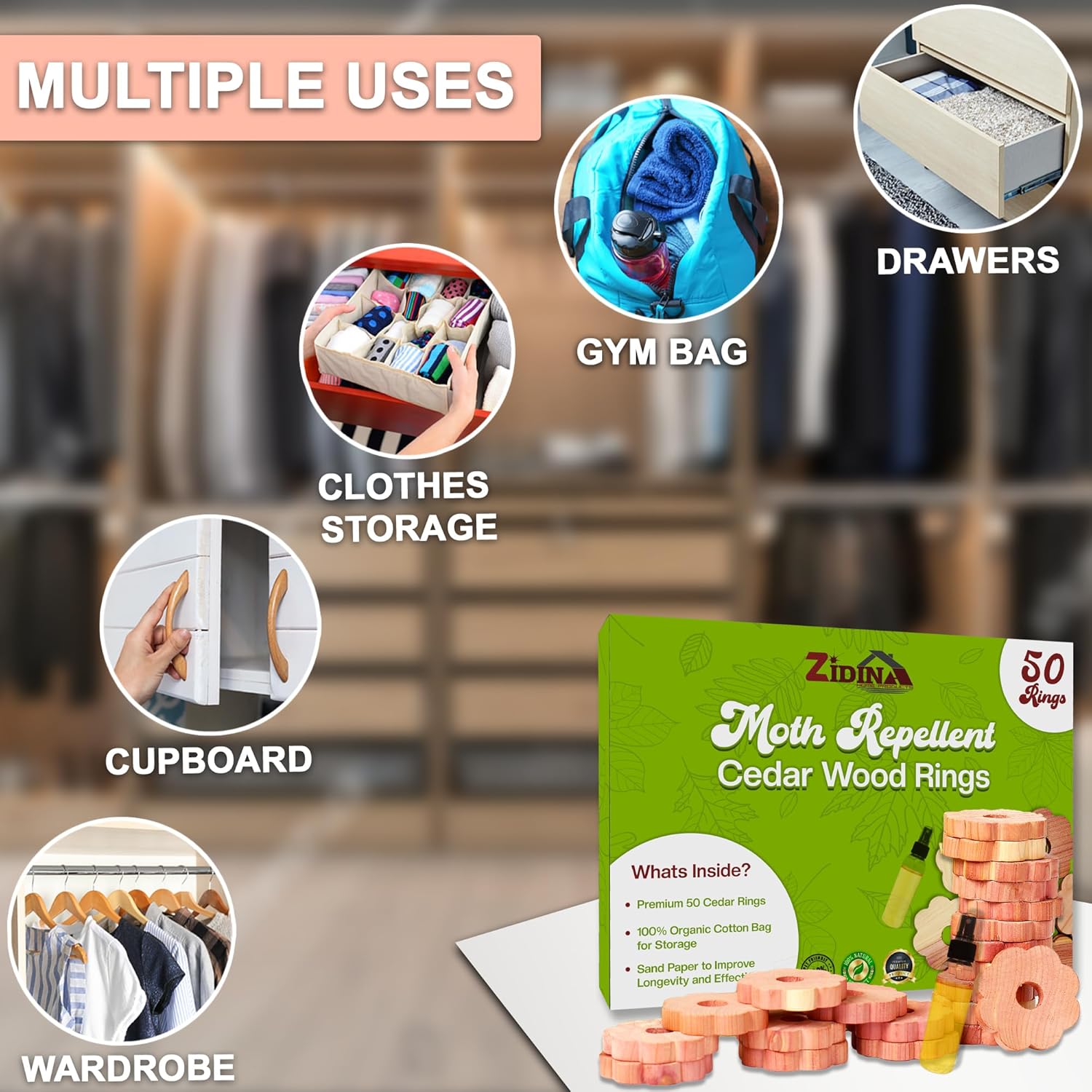 Zidina© Antitarme per Armadi con Anelli Legno di Cedro - immagine 2