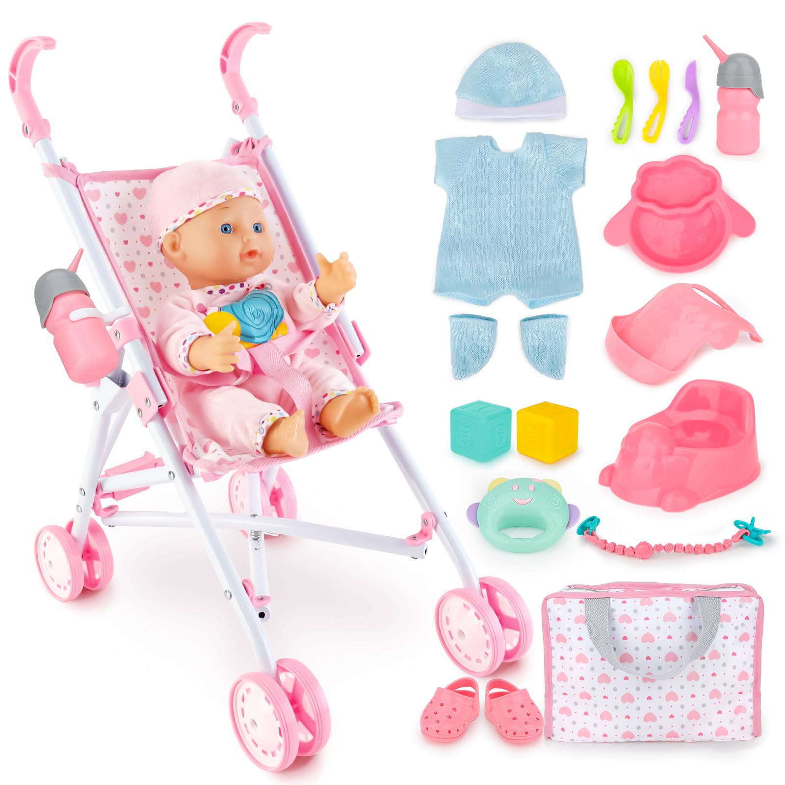 deAO Bambola Bebé e Passeggino Playset con Accessori