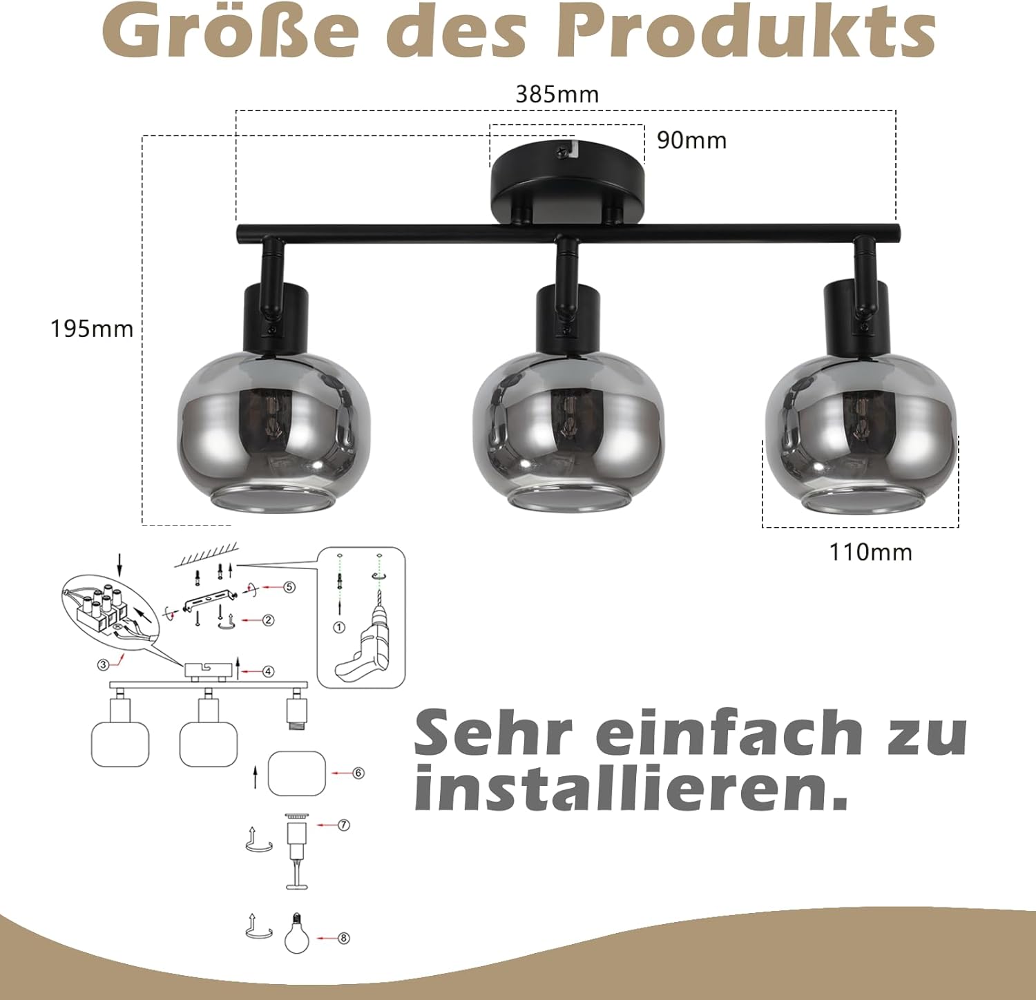 Cbjktx Faretto da Soffitto 3 Fiamme, Nero - immagine 3