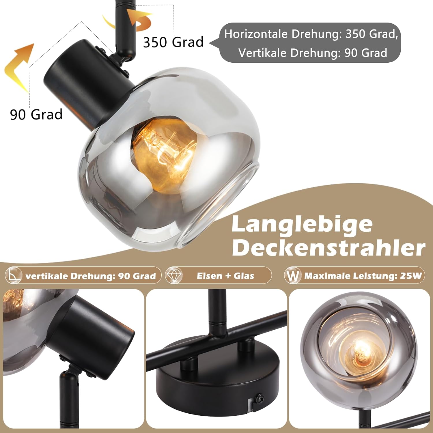 Cbjktx Faretto da Soffitto 3 Fiamme, Nero - immagine 4