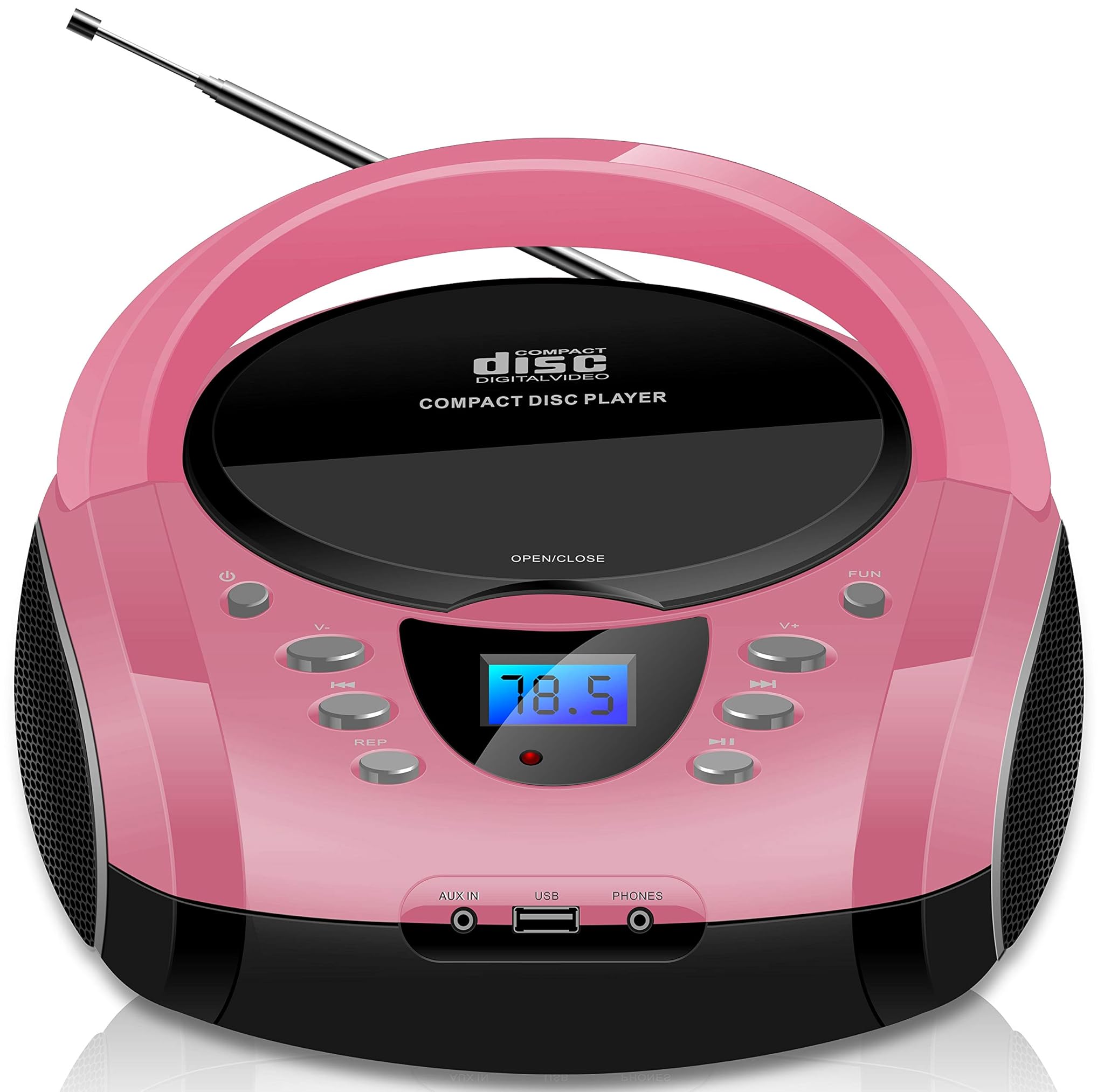 Boombox Portatile Lettore CD/USB/Radio FM, Rosa
