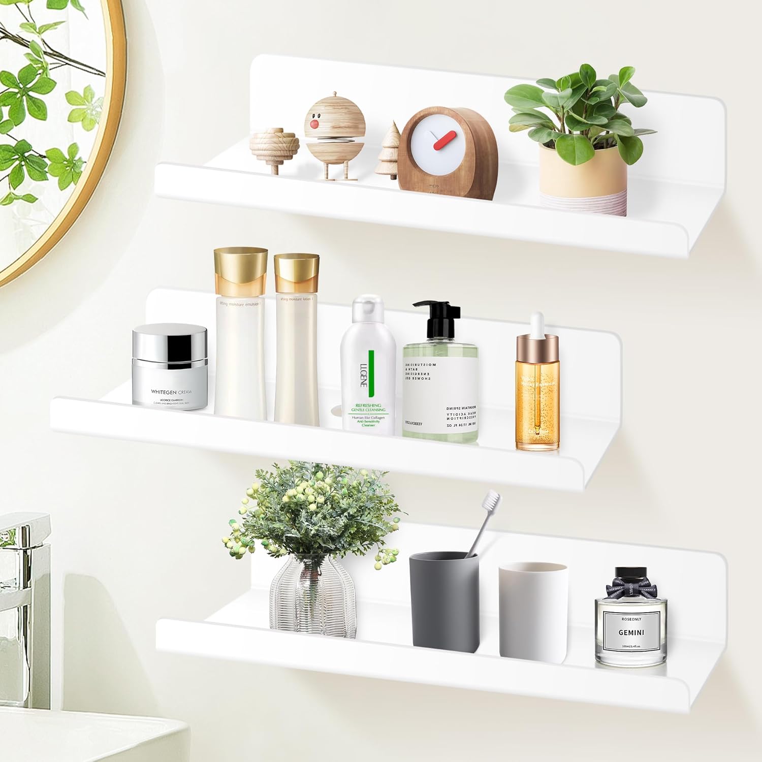 Shepin 3 Pezzi Mensole da Muro Senza Foratura, Bianche - immagine 1