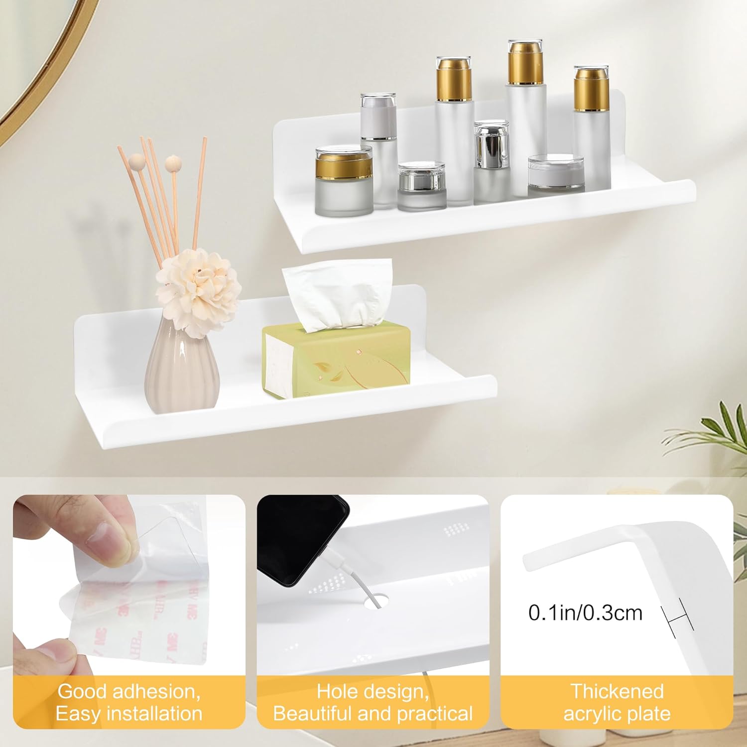 Shepin 3 Pezzi Mensole da Muro Senza Foratura, Bianche - immagine 3