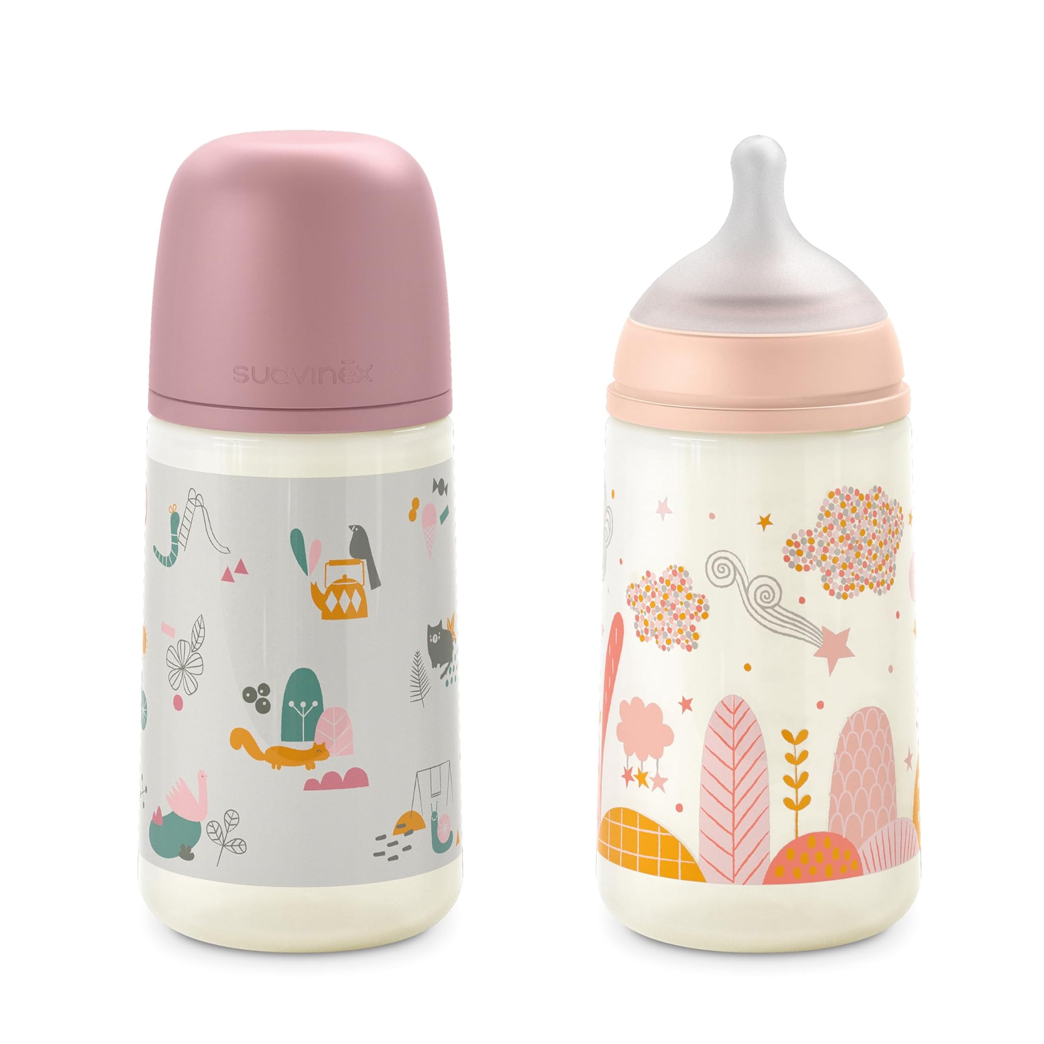 Suavinex, Set 2 Biberon Anti-Colica da 270 ml, con Tettarella Fisiologica in Silicone SX Pro, Flusso Medio (M), con Valvola Anti-Colica, per Bambini +3 Mesi. Rosa