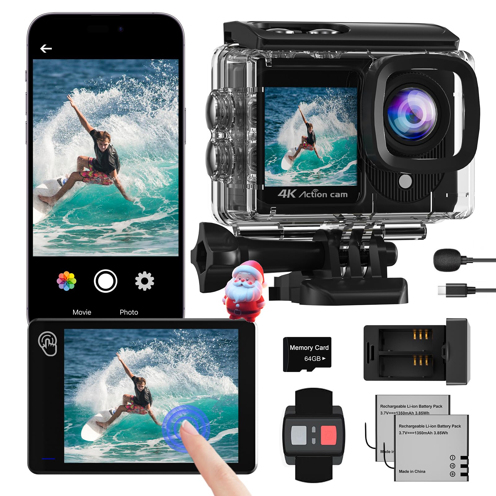 Action Cam 4K Doppio Schermo 48MP con Scheda SD 64GB