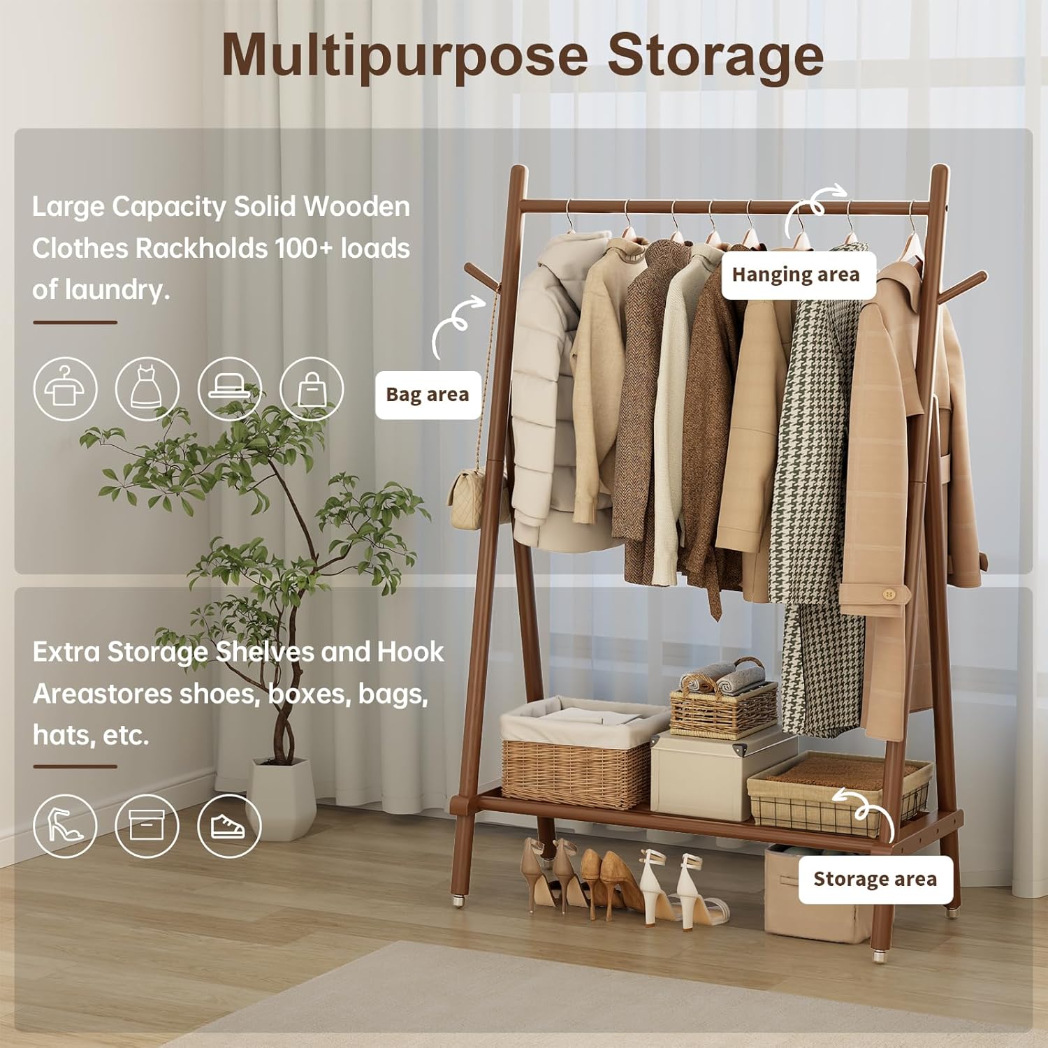 Aqimuele Stand Appendiabiti in Legno con Ruote, Noce - immagine 2