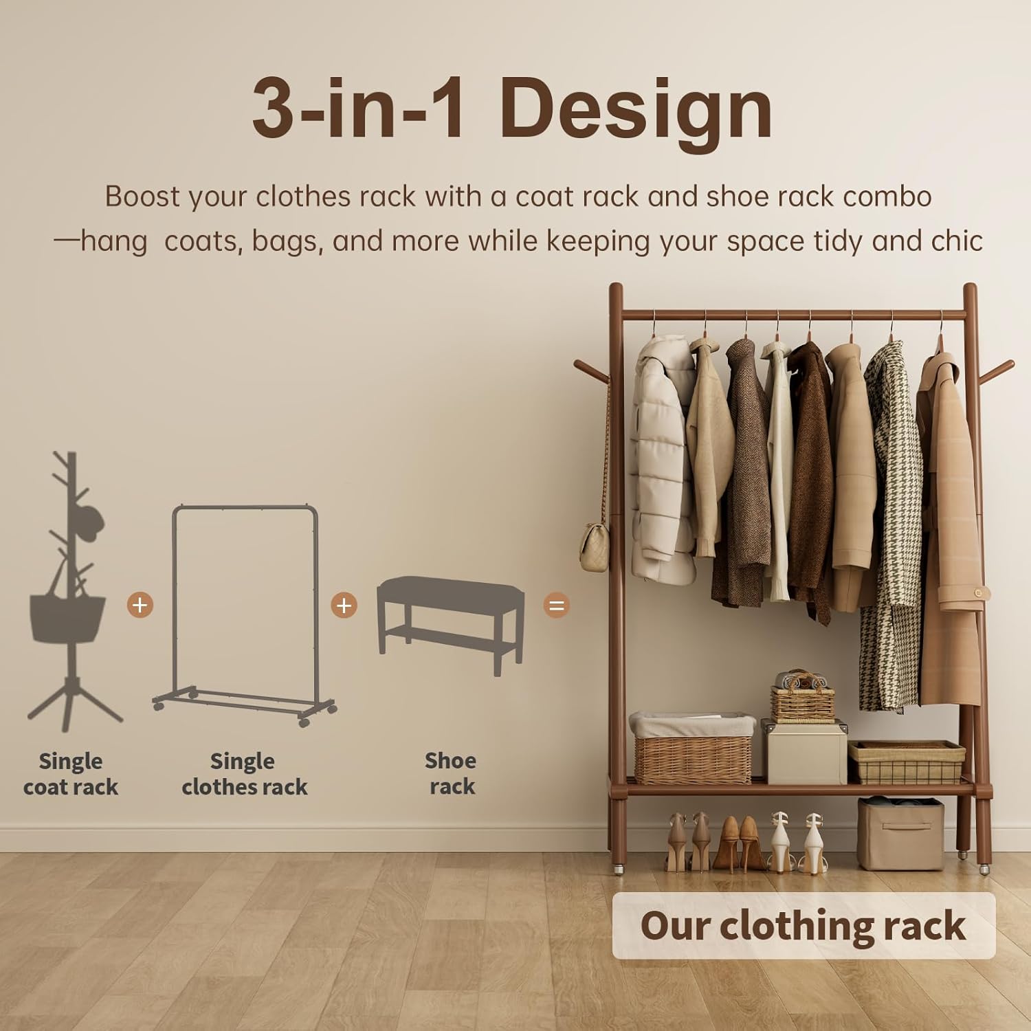 Aqimuele Stand Appendiabiti in Legno con Ruote, Noce - immagine 7