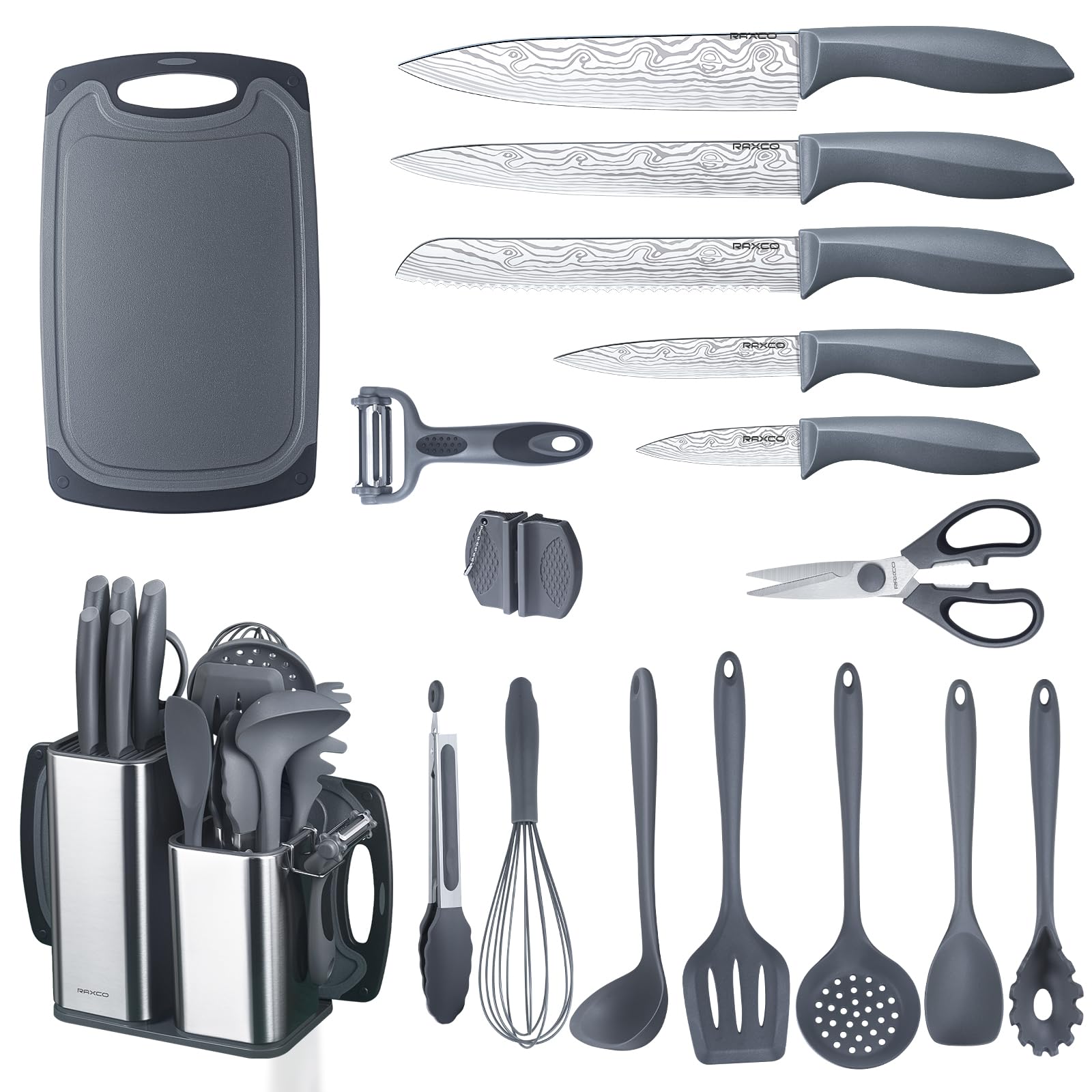 Raxco Set Coltelli da Cucina con Blocco, 18 pezzi, Grigio