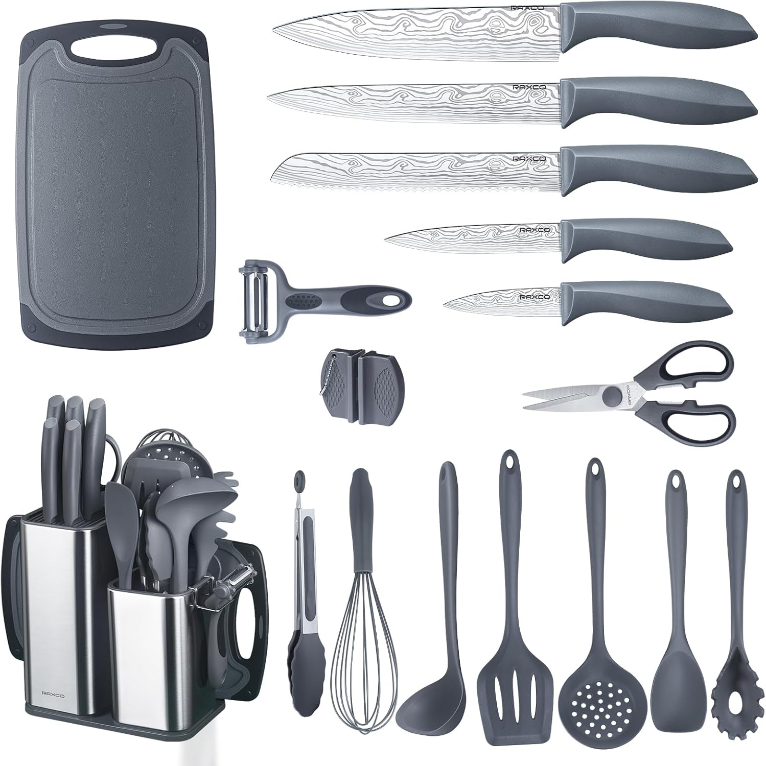 Raxco Set Coltelli da Cucina con Blocco, 18 pezzi, Grigio - immagine 1