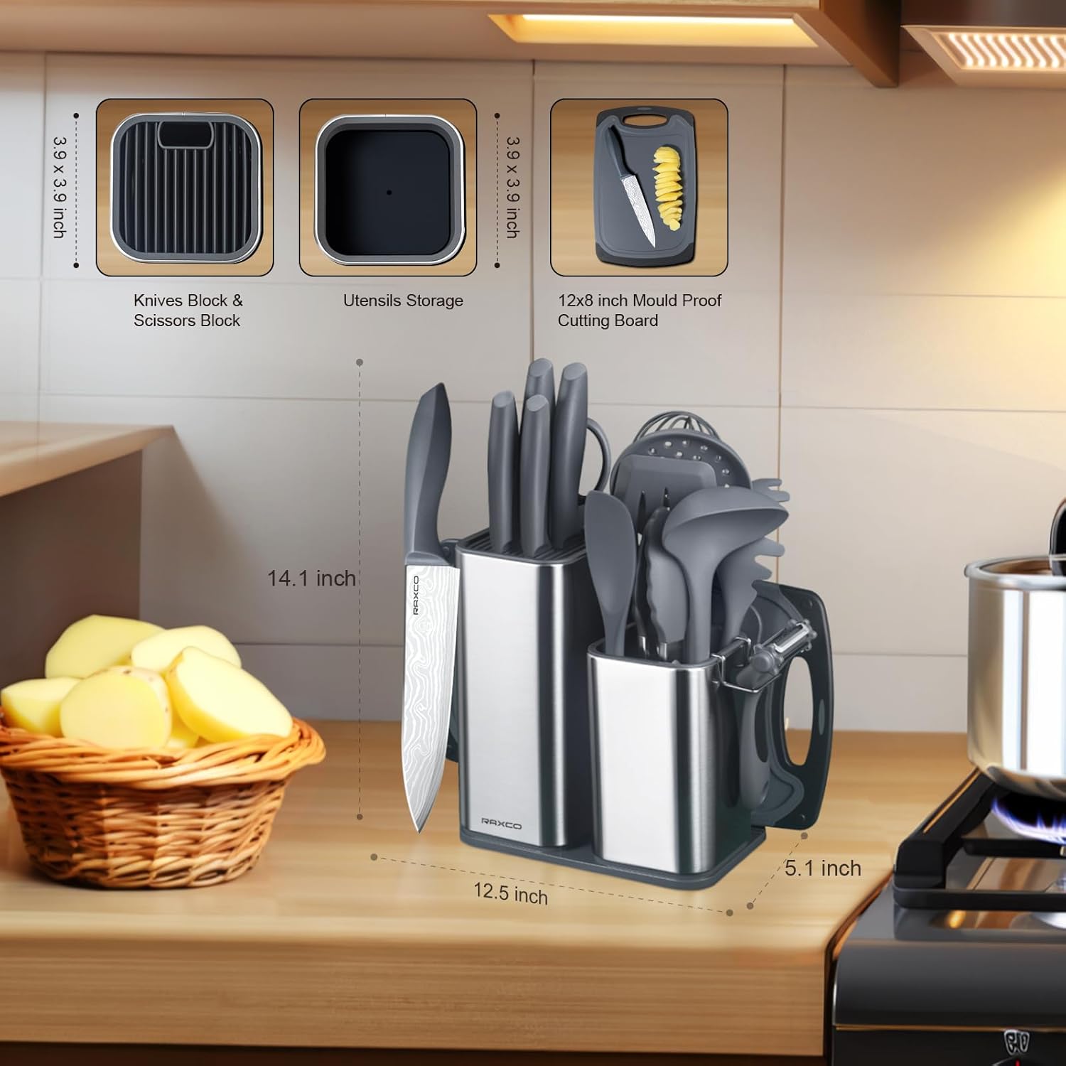 Raxco Set Coltelli da Cucina con Blocco, 18 pezzi, Grigio - immagine 2