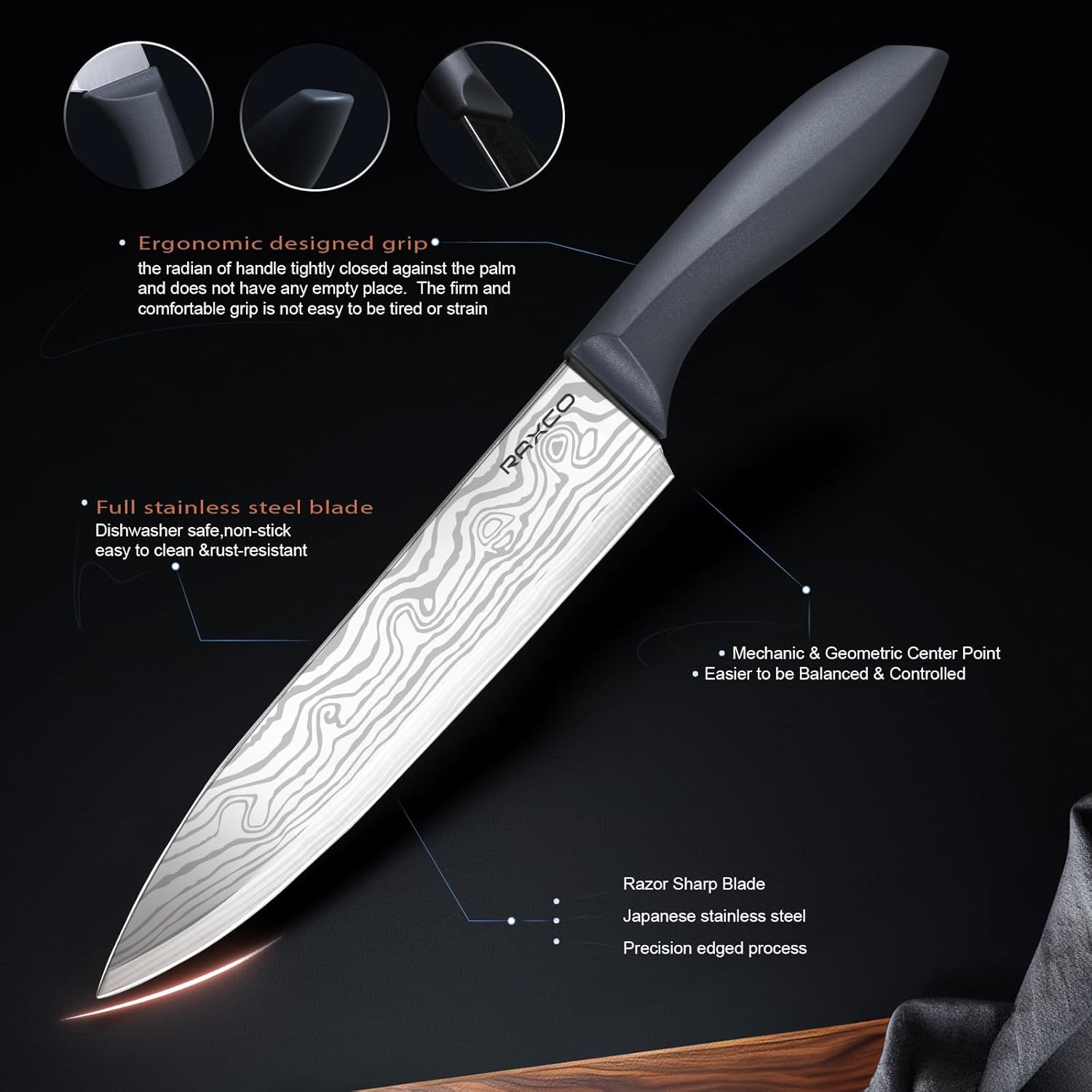 Raxco Set Coltelli da Cucina con Blocco, 18 pezzi, Grigio - immagine 3