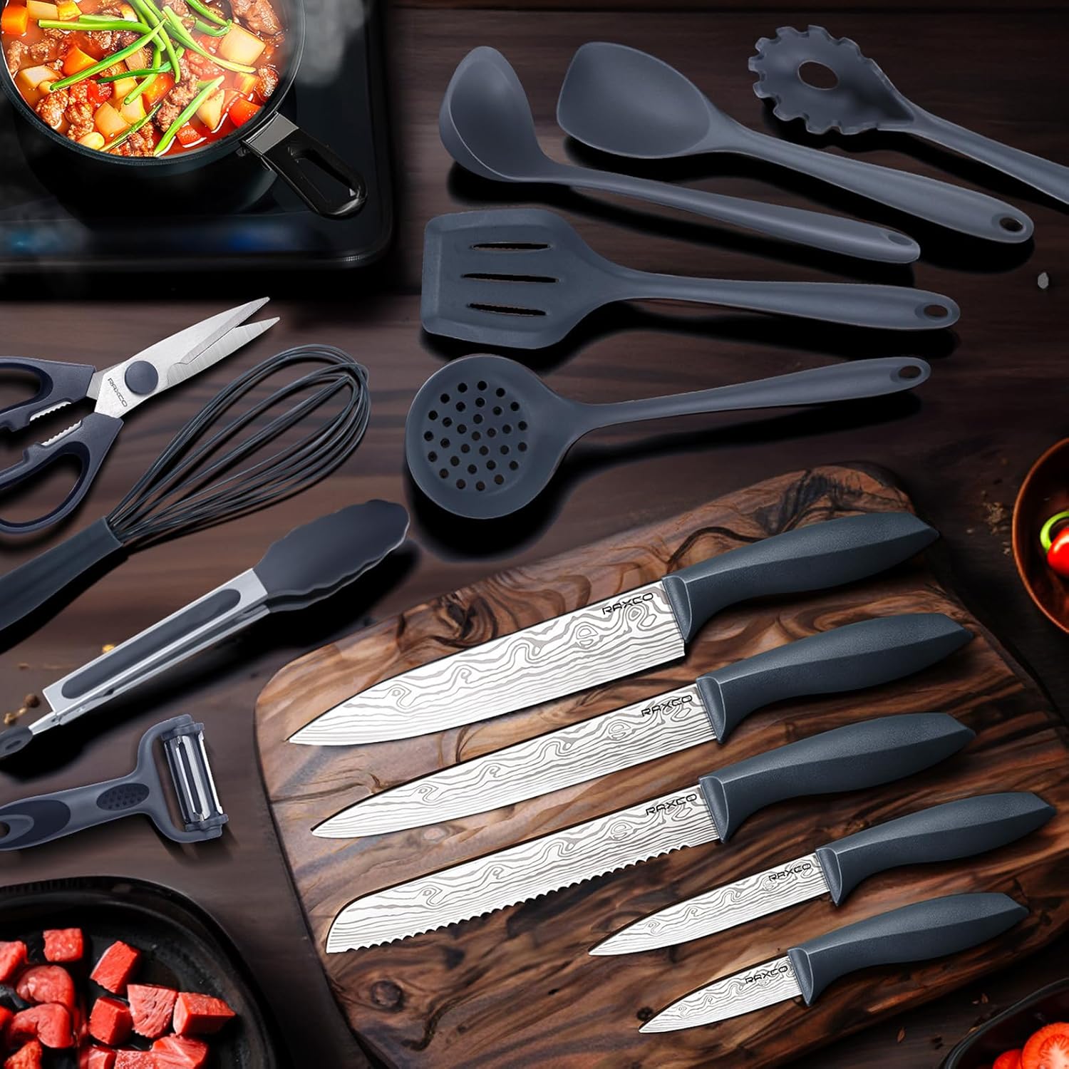 Raxco Set Coltelli da Cucina con Blocco, 18 pezzi, Grigio - immagine 4