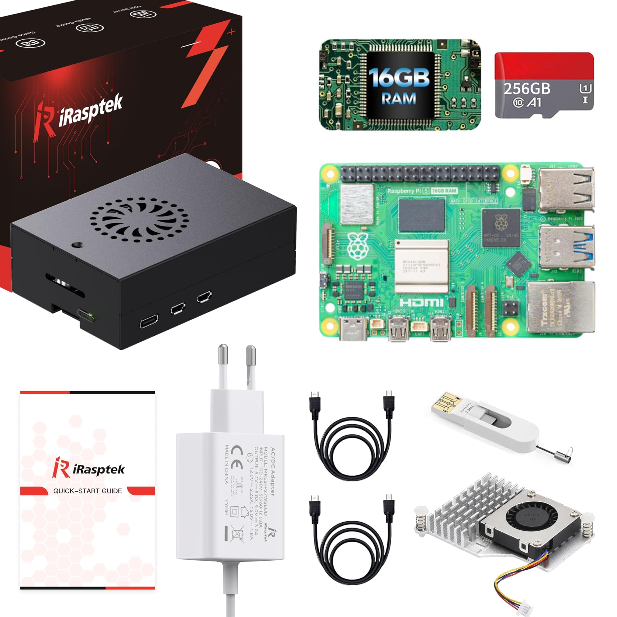 iRasptek Raspberry Pi 5 16GB RAM Starter Kit - Edizione OS-Bookworm da 256GB preinstallata(case in alluminio)