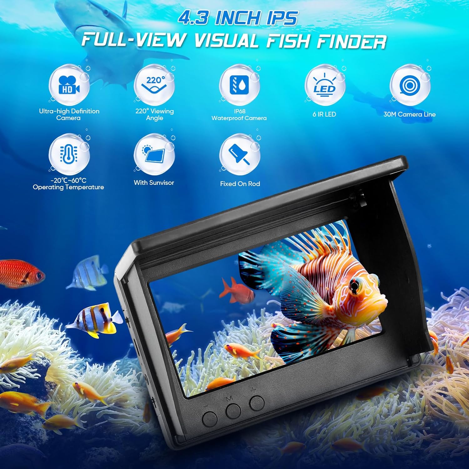 Fish Finder Fotocamera subacquea Ecoscandaglio Pesca, Schermo HD 4,3 pollici Fish Finder Fotocamera con visione notturna, batteria al litio da 5000 mAh, fotocamera HD, impermeabile IP65, supporta più - immagine 2