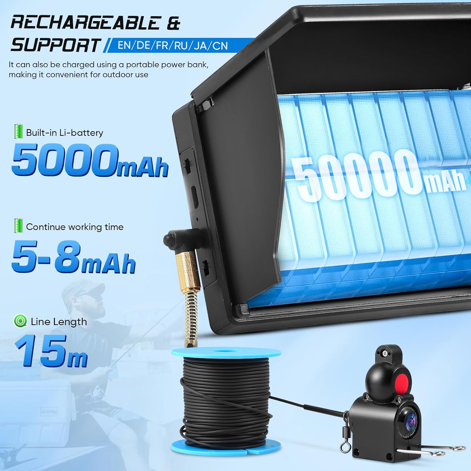 Fish Finder Fotocamera subacquea Ecoscandaglio Pesca, Schermo HD 4,3 pollici Fish Finder Fotocamera con visione notturna, batteria al litio da 5000 mAh, fotocamera HD, impermeabile IP65, supporta più - immagine 3