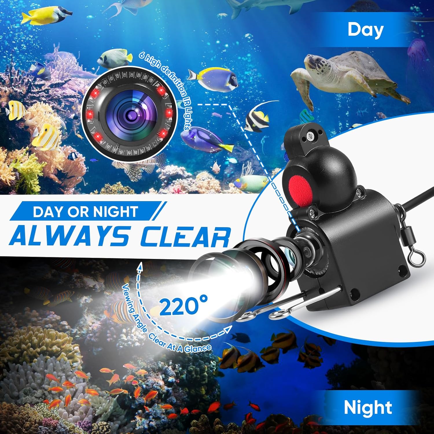 Fish Finder Fotocamera subacquea Ecoscandaglio Pesca, Schermo HD 4,3 pollici Fish Finder Fotocamera con visione notturna, batteria al litio da 5000 mAh, fotocamera HD, impermeabile IP65, supporta più - immagine 4