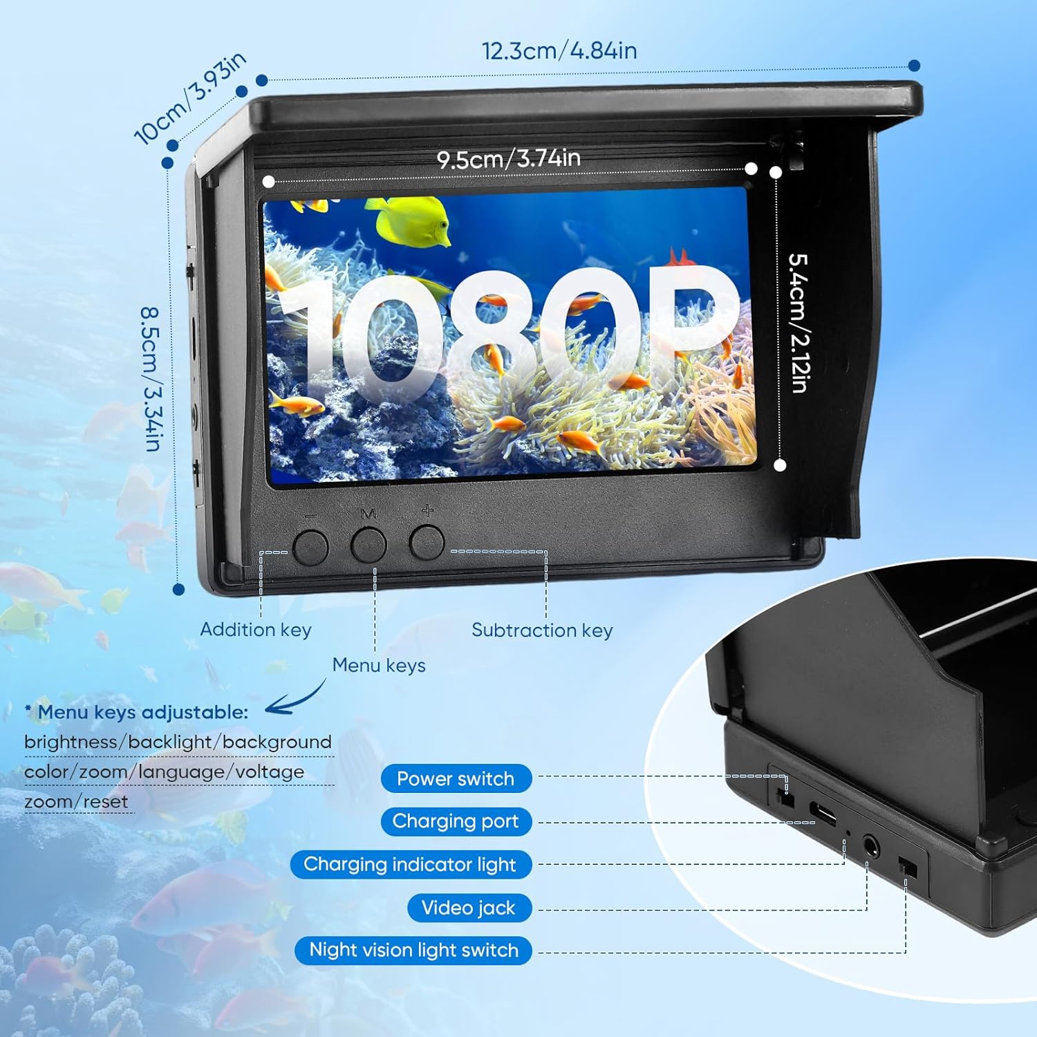 Fish Finder Fotocamera subacquea Ecoscandaglio Pesca, Schermo HD 4,3 pollici Fish Finder Fotocamera con visione notturna, batteria al litio da 5000 mAh, fotocamera HD, impermeabile IP65, supporta più - immagine 6