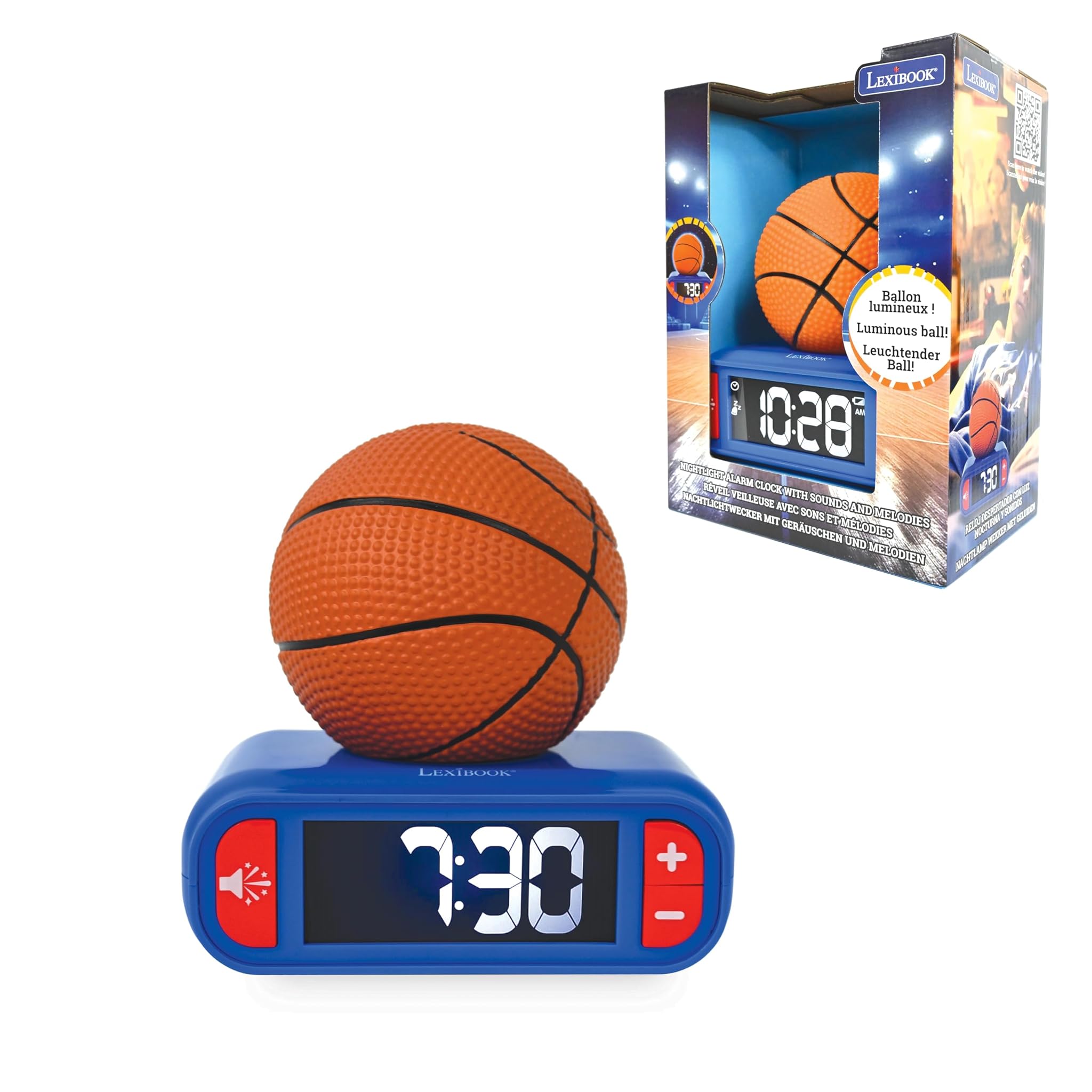 Lexibook, Basket, Sveglia Notturna a Forma di Pallone da Basket, Suoni e Melodie, Schermo LCD retroilluminato, Luminoso, Snooze, Blu/Arancio, RL800BALXB