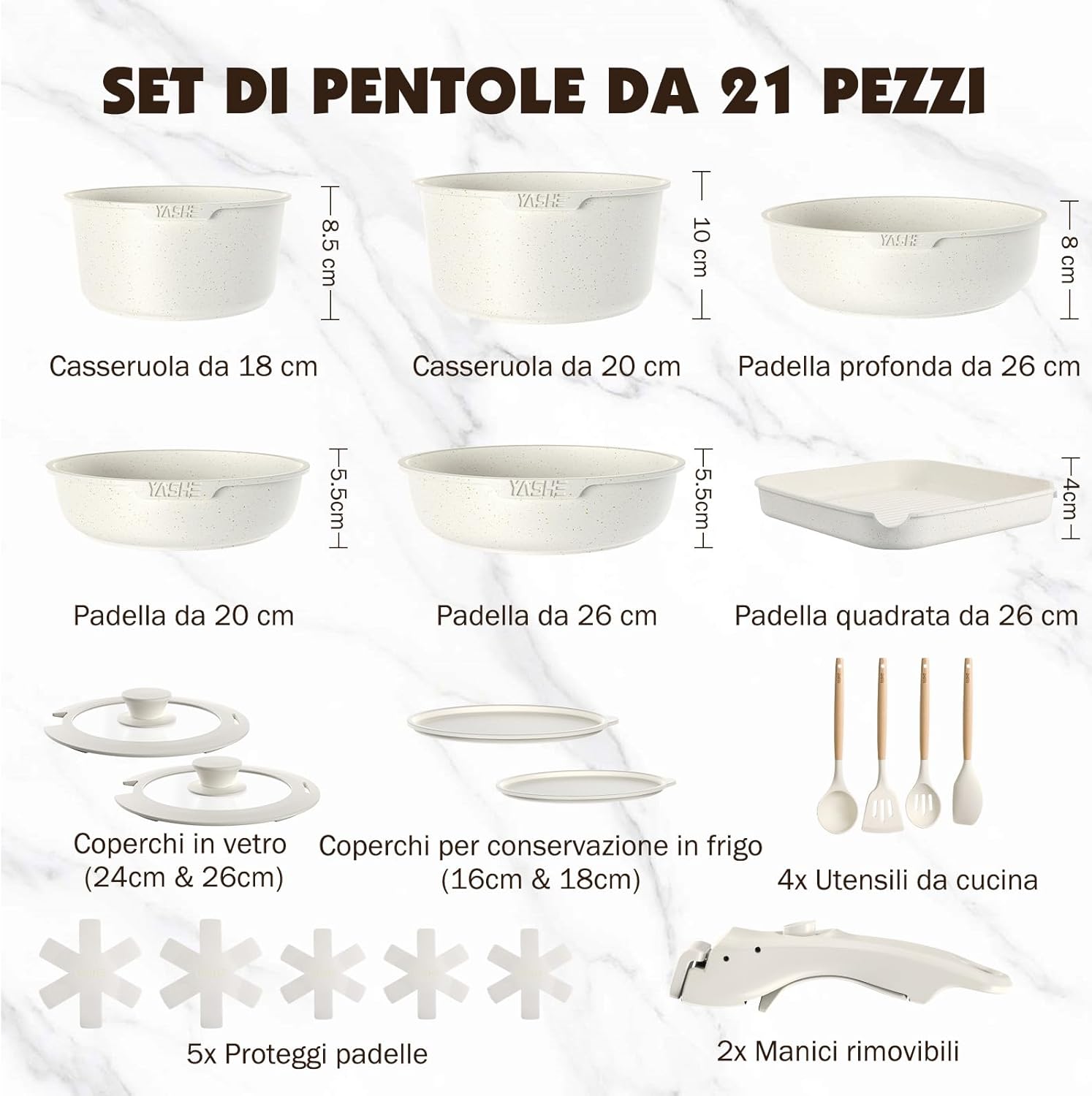 Yashe Set Pentole e Padelle 21 Pezzi Antiaderente, Bianco - immagine 2