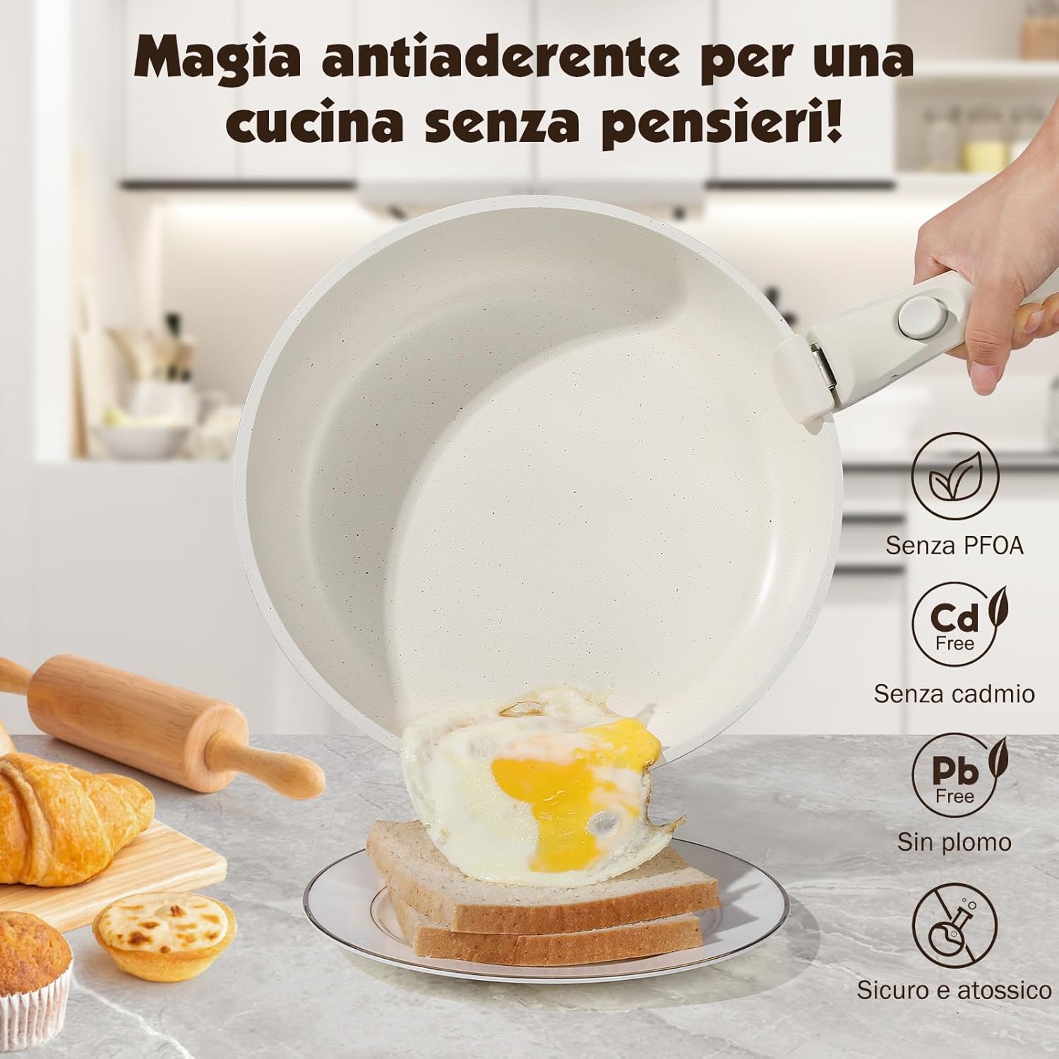 Yashe Set Pentole e Padelle 21 Pezzi Antiaderente, Bianco - immagine 4