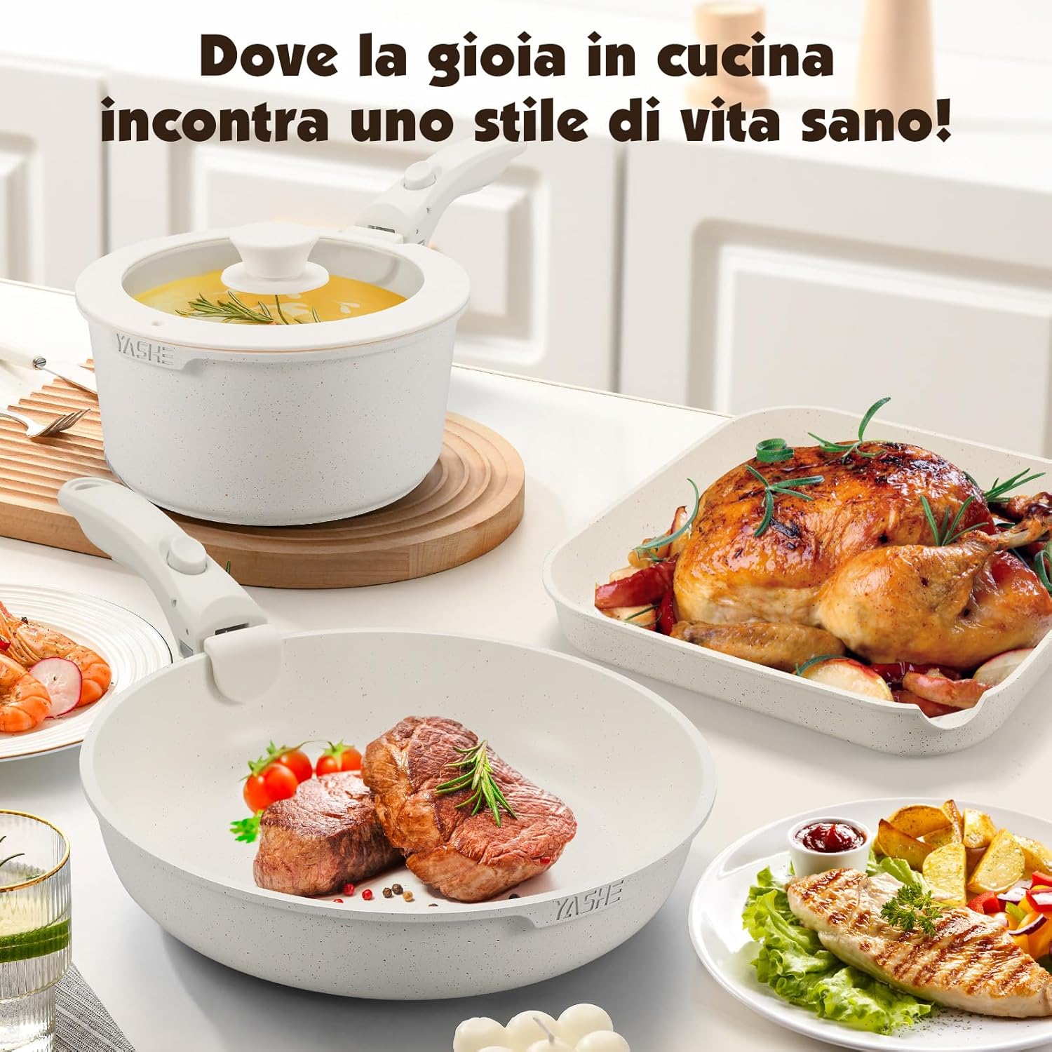 Yashe Set Pentole e Padelle 21 Pezzi Antiaderente, Bianco - immagine 7