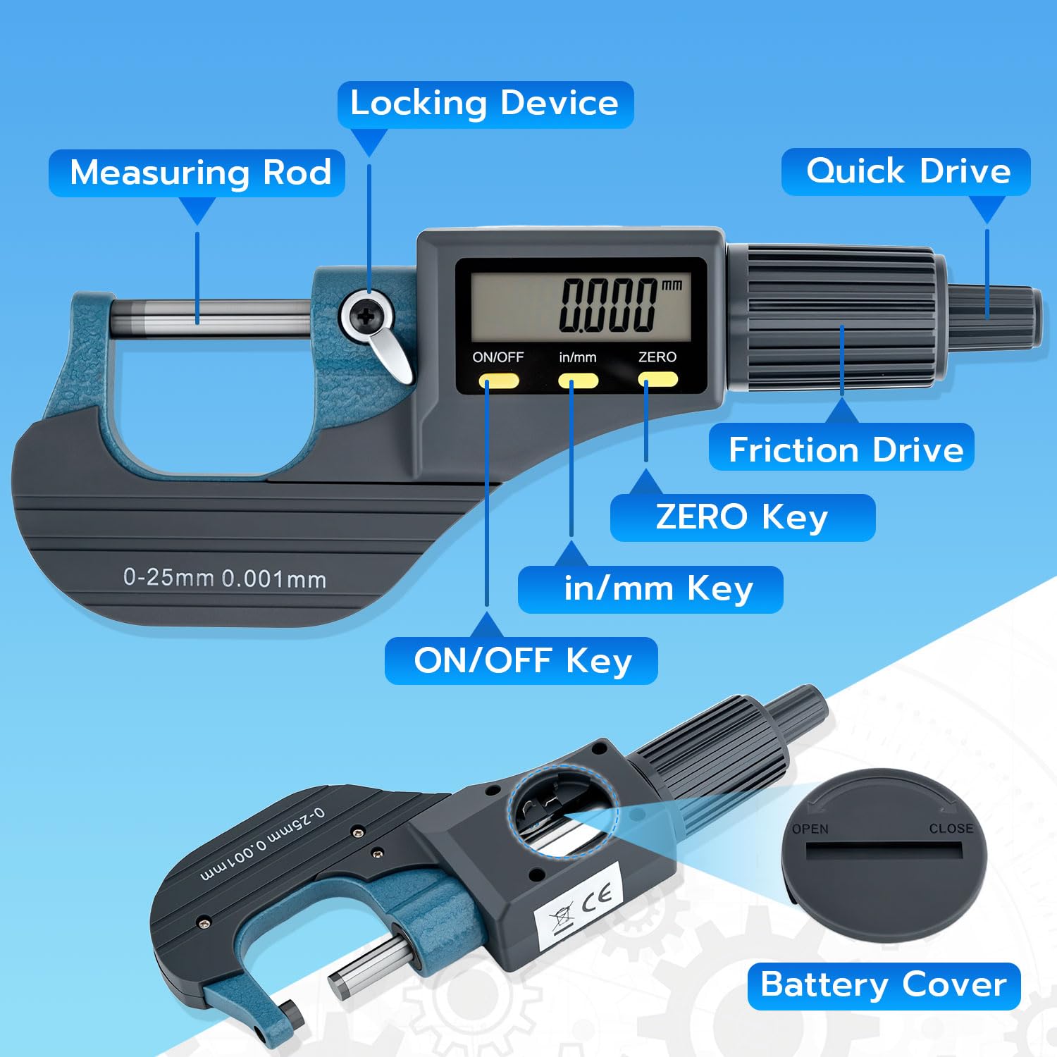Mcbazel LCD Micrometro Digitale Elettronico Esterno 0-25 mm, Risoluzione 0.001mm - immagine 2