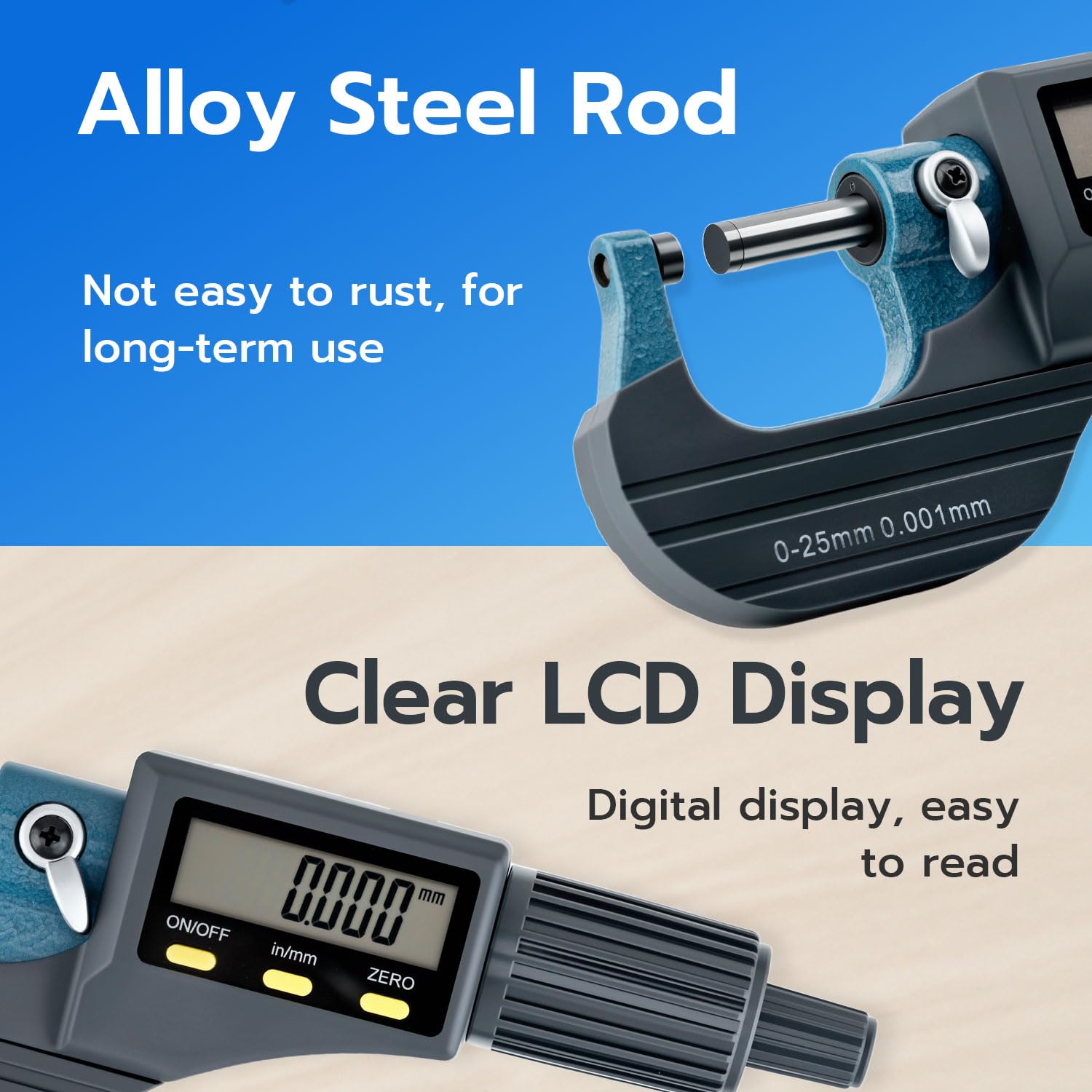 Mcbazel LCD Micrometro Digitale Elettronico Esterno 0-25 mm, Risoluzione 0.001mm - immagine 3