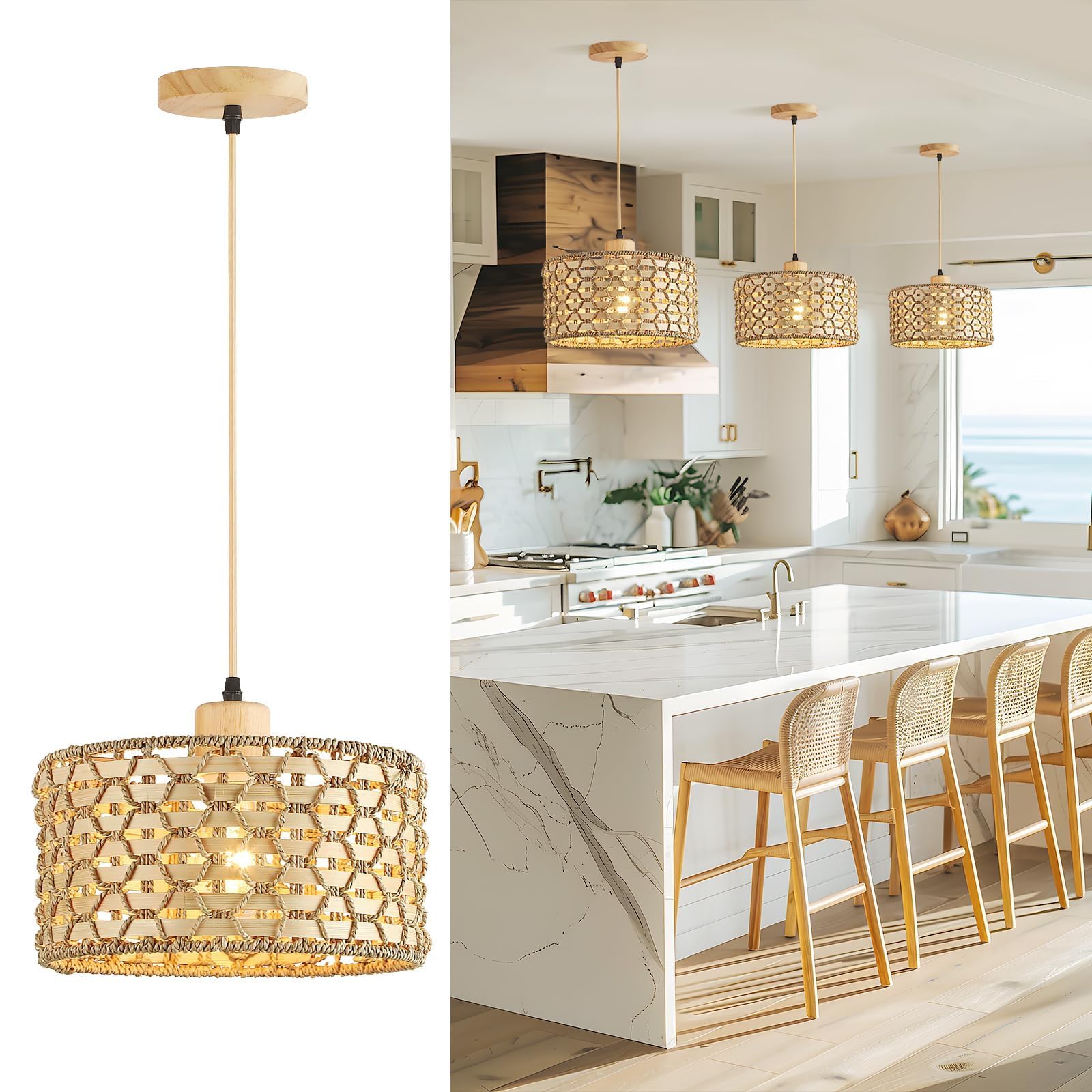 Schindora Lampadario Rattan e Bamboo 30Cm, 1 Luce