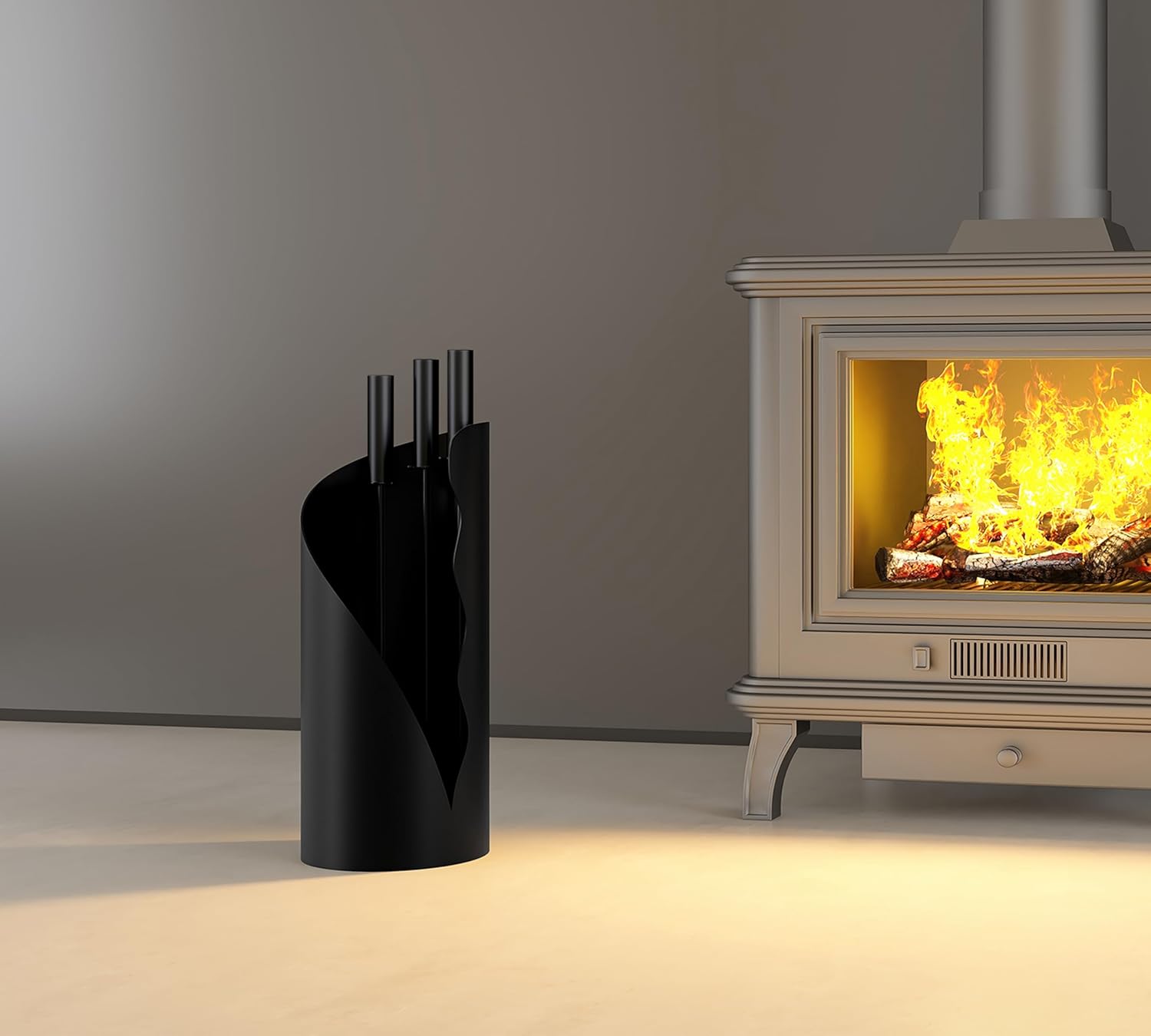 Set Attrezzi Camino 3 Pezzi con Supporto, Nero - immagine 10