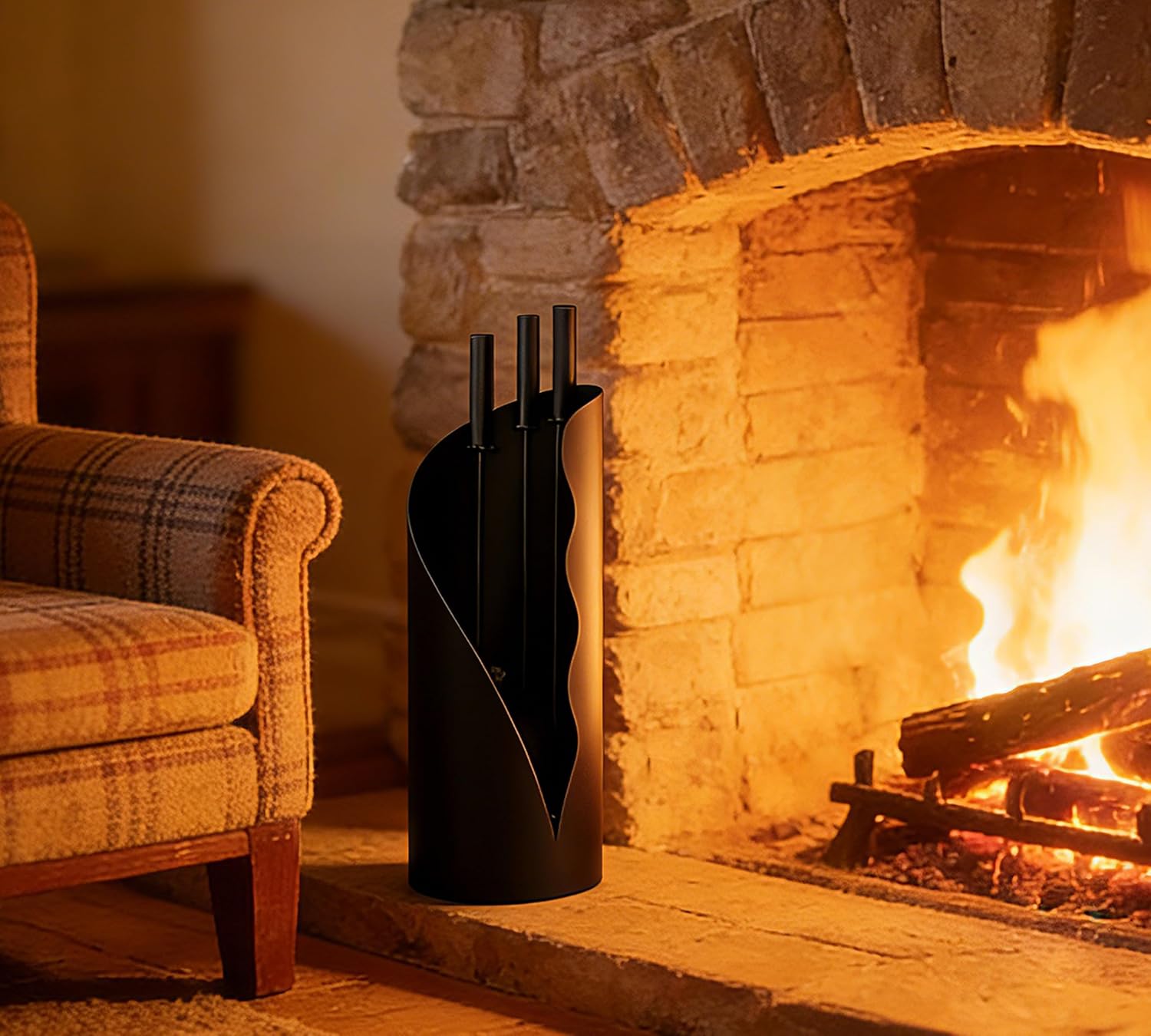 Set Attrezzi Camino 3 Pezzi con Supporto, Nero - immagine 1