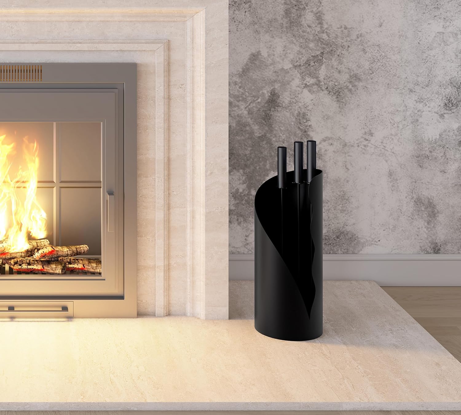 Set Attrezzi Camino 3 Pezzi con Supporto, Nero - immagine 2