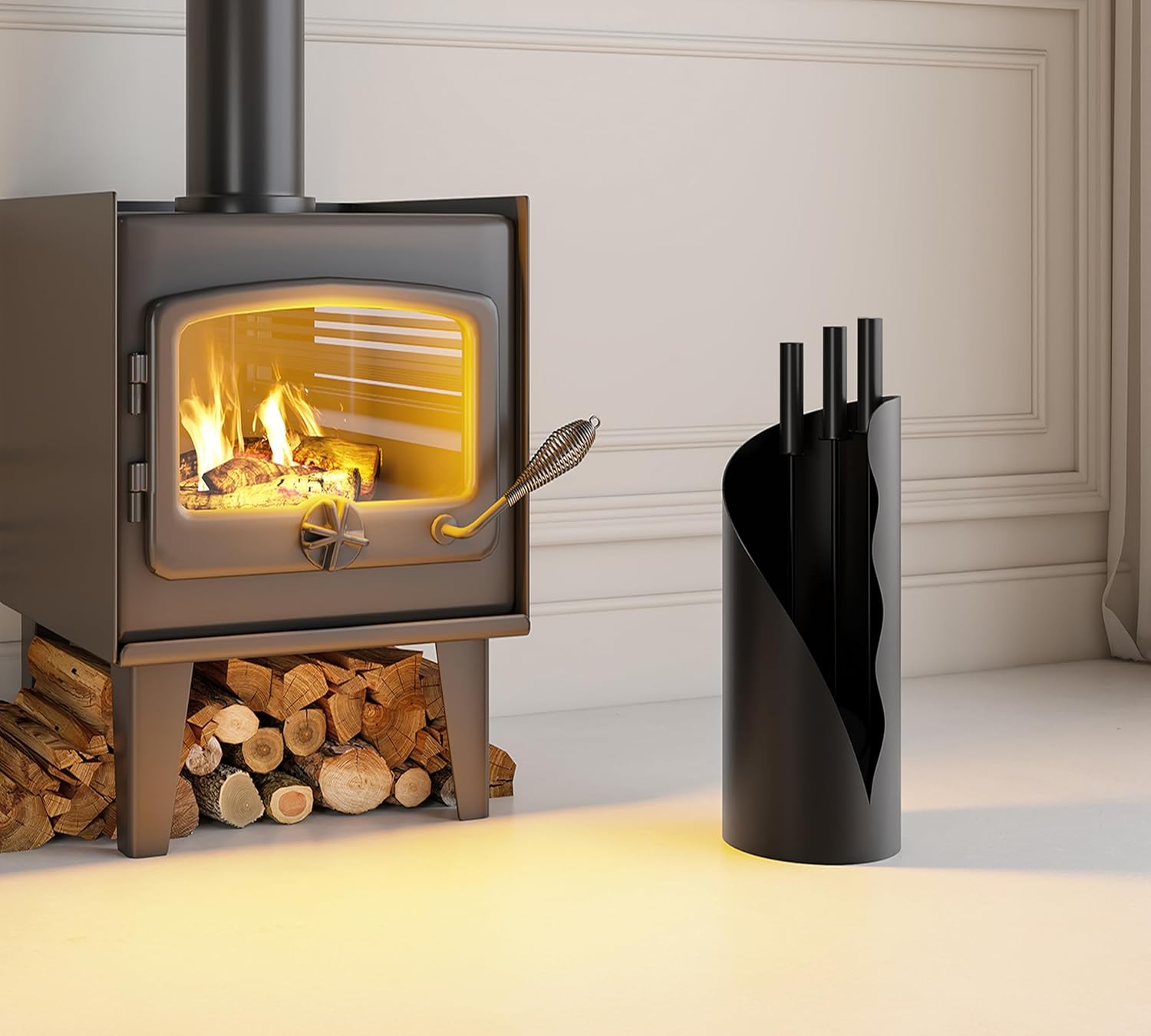 Set Attrezzi Camino 3 Pezzi con Supporto, Nero - immagine 5