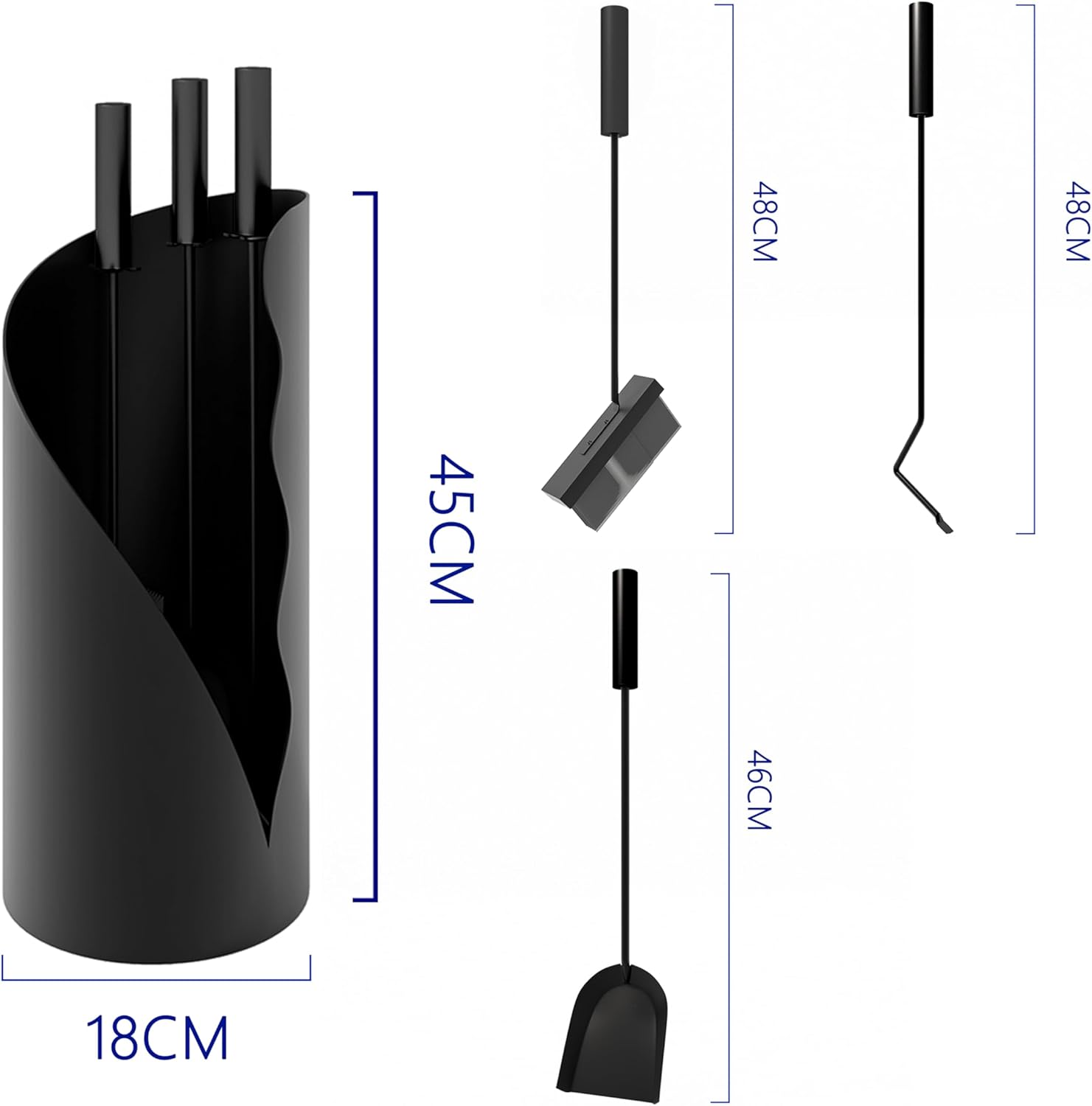 Set Attrezzi Camino 3 Pezzi con Supporto, Nero - immagine 6