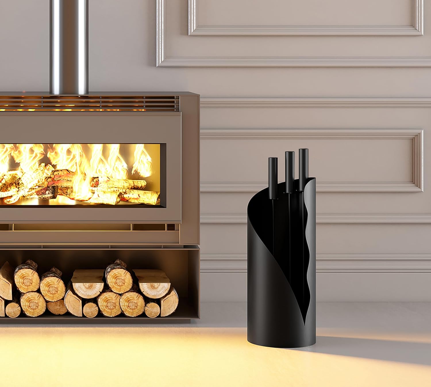 Set Attrezzi Camino 3 Pezzi con Supporto, Nero - immagine 7