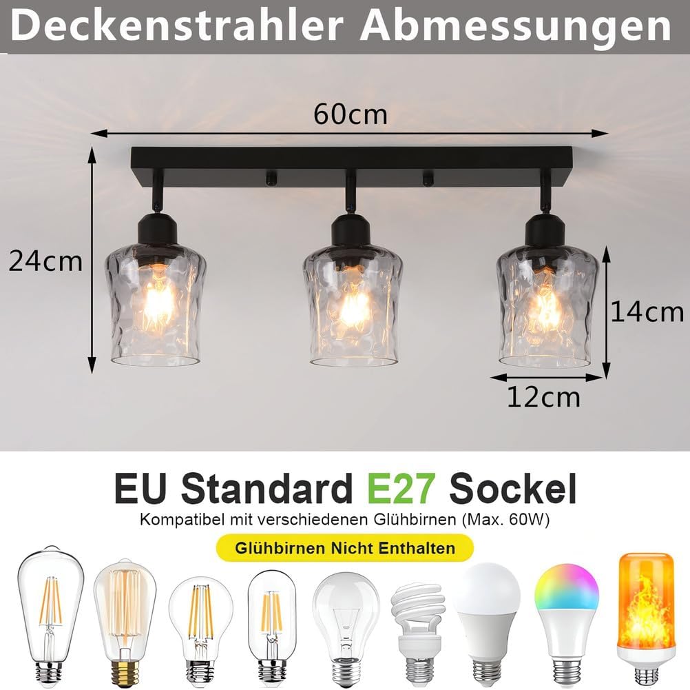 Faretti da Soffitto Vetro con 3 Orientabili E27, Nero - immagine 5