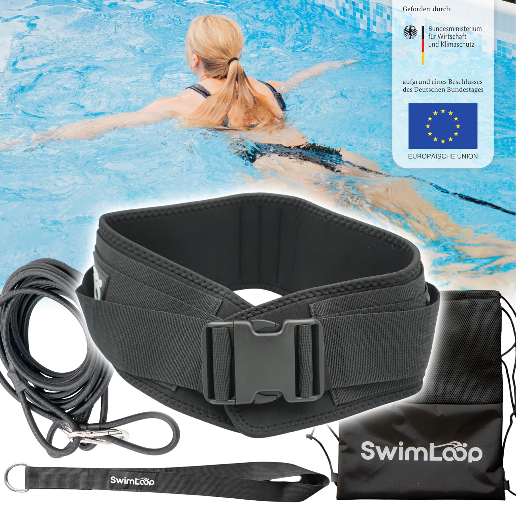 SWIMLOOP Cintura da nuoto premium con 2 x 2 m di fasce elastiche – Corda di trazione per piscina – Cintura addominale con fascia da nuoto per allenamento resistenza come una corrente controcorrente.