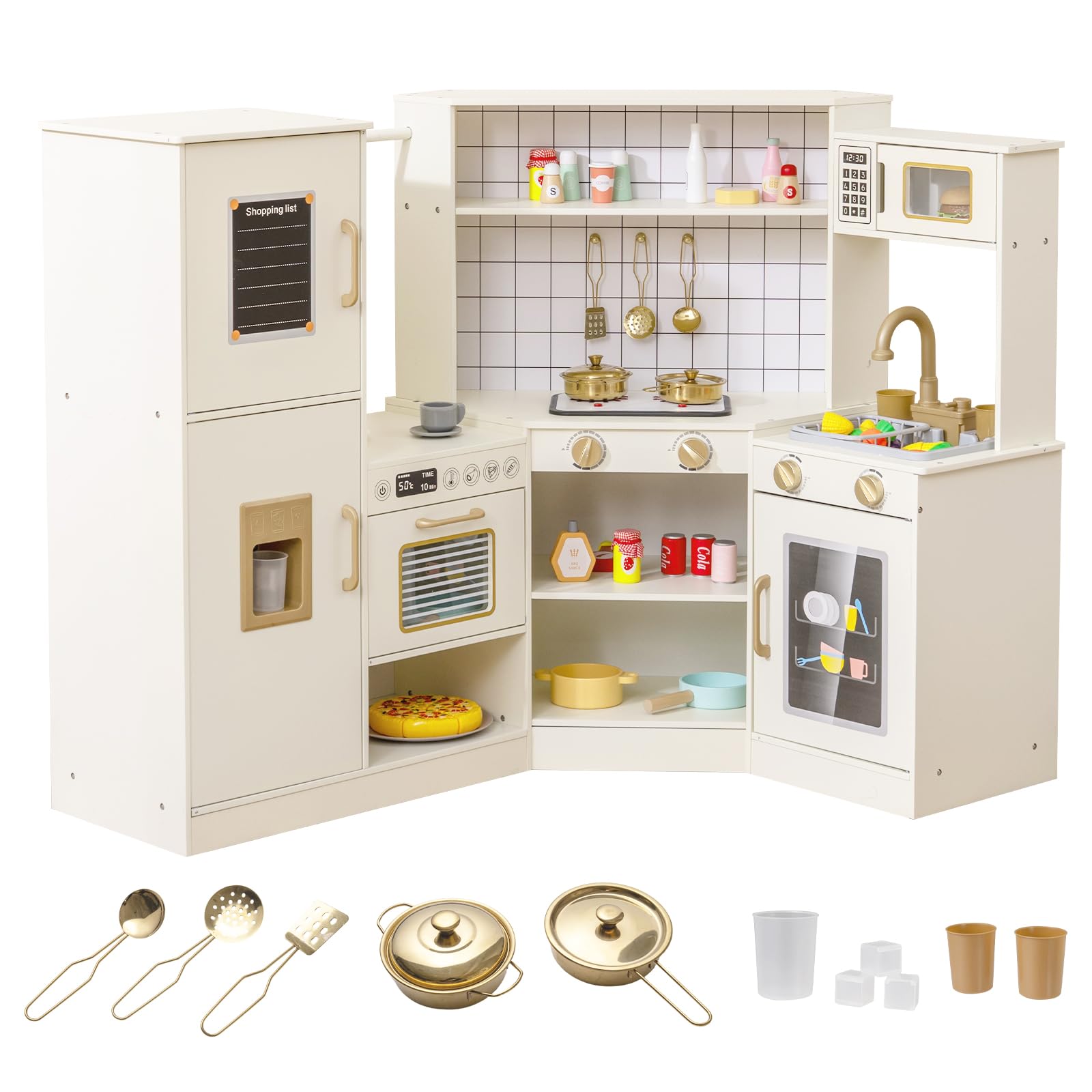 FANTASK Cucina in legno per bambini, angolo cucina giochi con rubinetto, dispenser di ghiaccio e accessori da cucina, forno a microonde, cucina giochi per bambini dai 3 anni in su