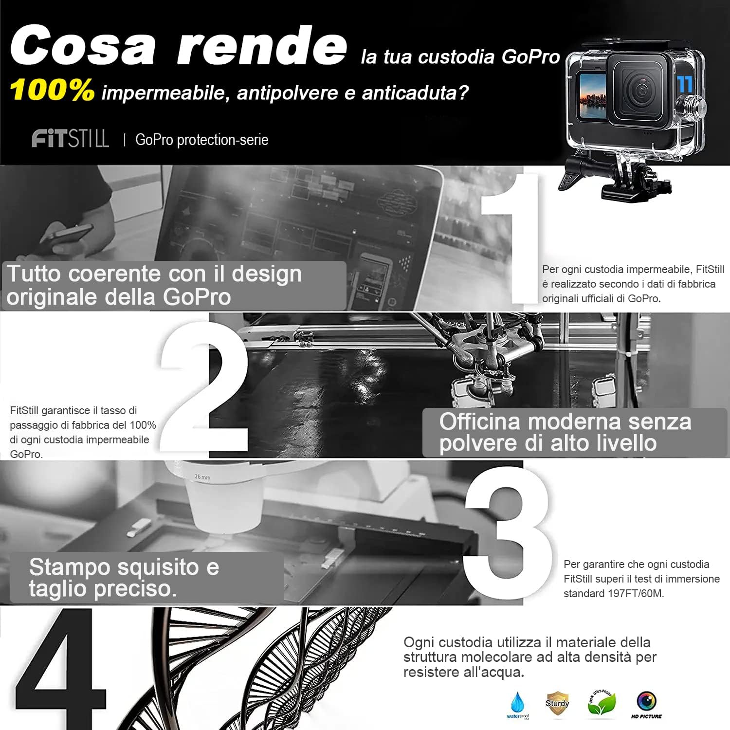 Fitstill Custodia Impermeabile 60M per Go Pro Hero 9-13 Black - immagine 2