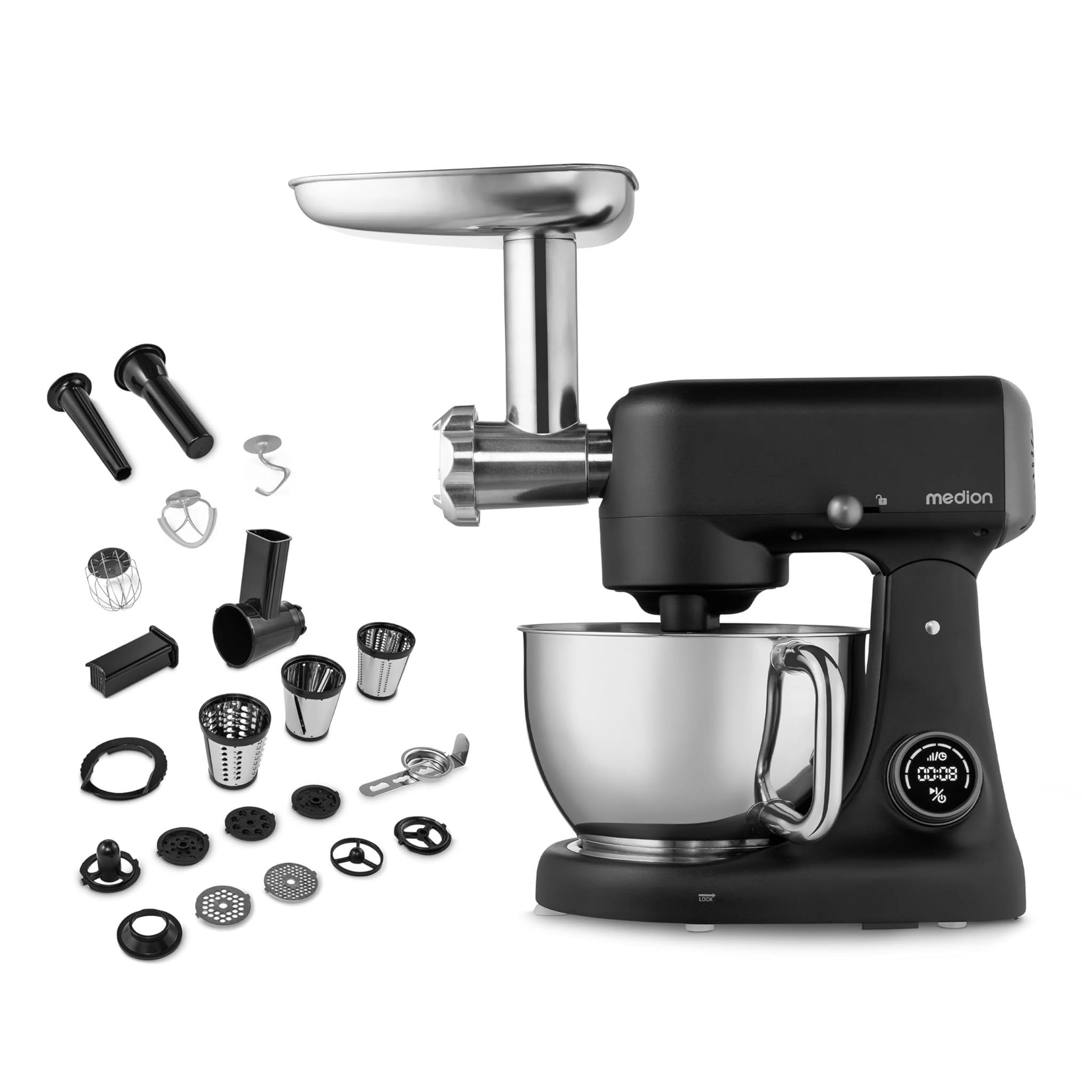 MEDION Robot da cucina con tritacarne (800 watt, motore a corrente continua, vaschetta in acciaio inox da 4,6 litri, risparmio energetico, ultra-silenzioso, display digitale a sensore touch