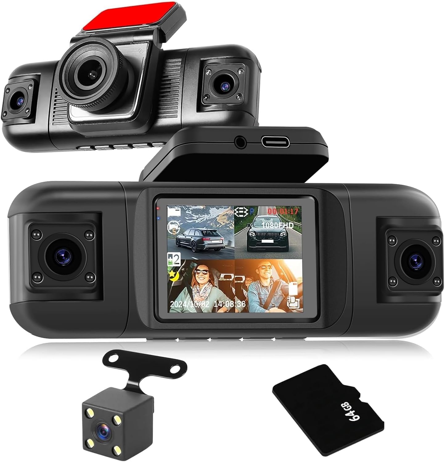 Nhopeew Dash Cam 4 Canali 360° 1080P con Schermo 2"