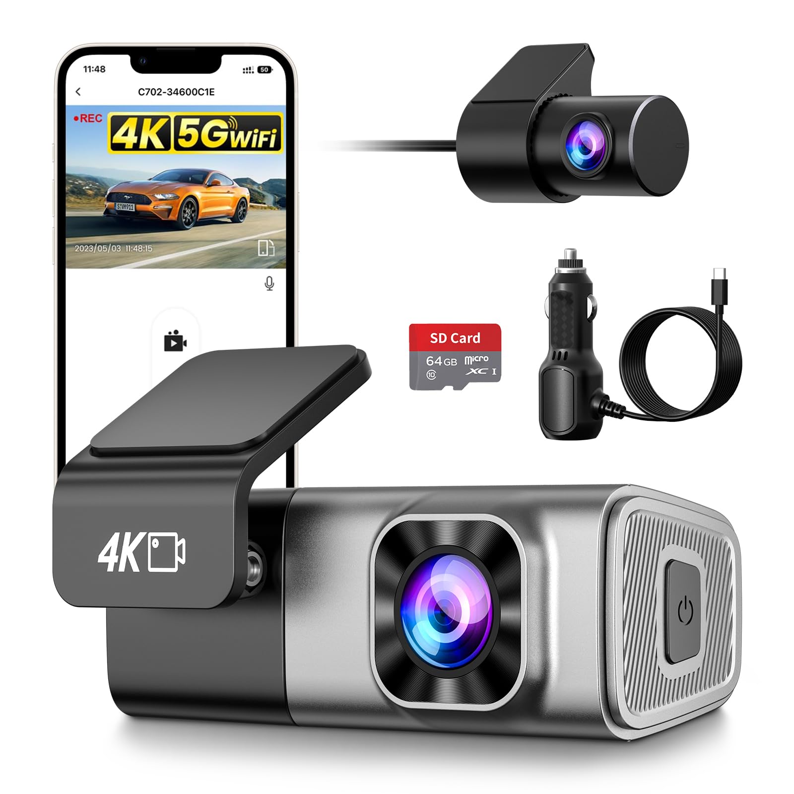 Dash Cam Auto 4K Anteriore e 2K Posteriore con SD 64G
