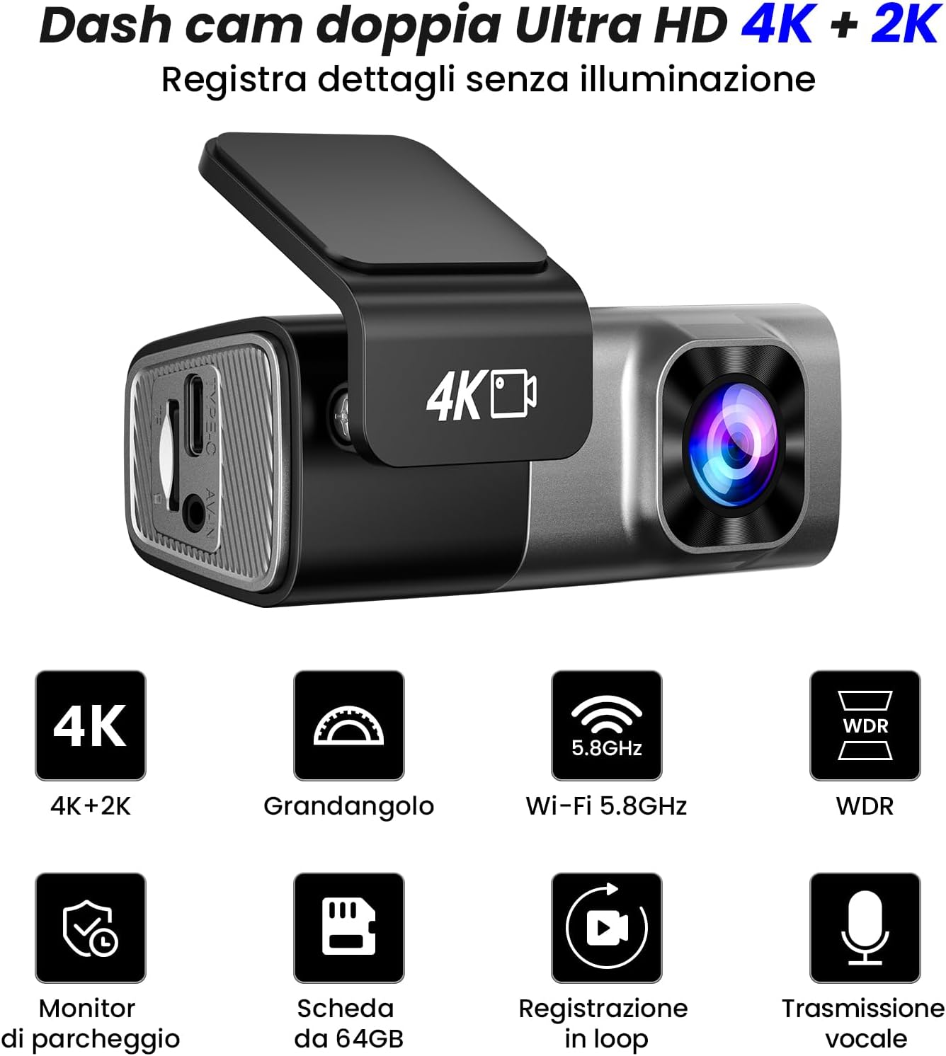 Dash Cam Auto 4K Anteriore e 2K Posteriore con SD 64G - immagine 2