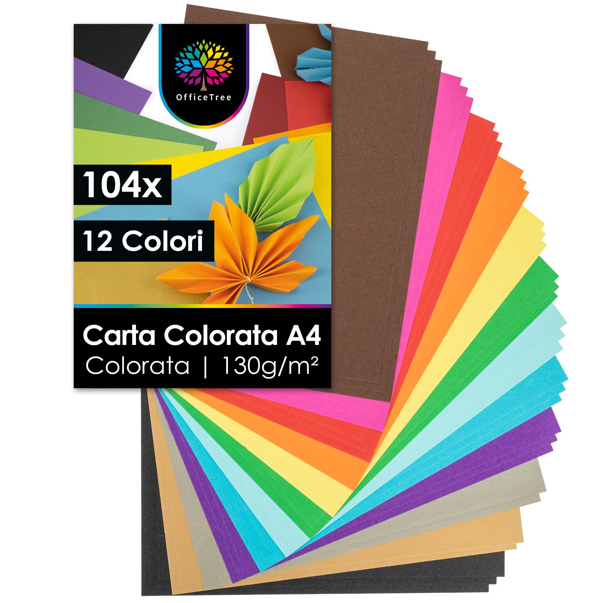 Cartoncino Colorato A4 130g - 104 Fogli, 12 Colori