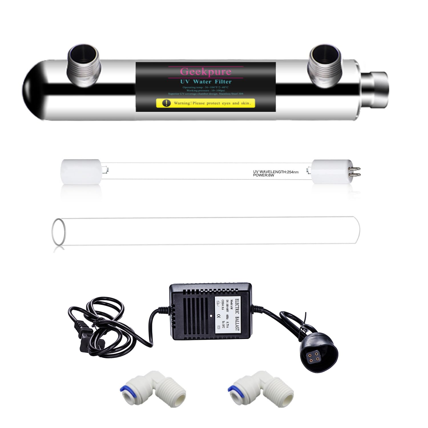 Geekpure Filtro per acqua 6 W per filtrazione ad osmosi inversa (0,5-1 GPM)