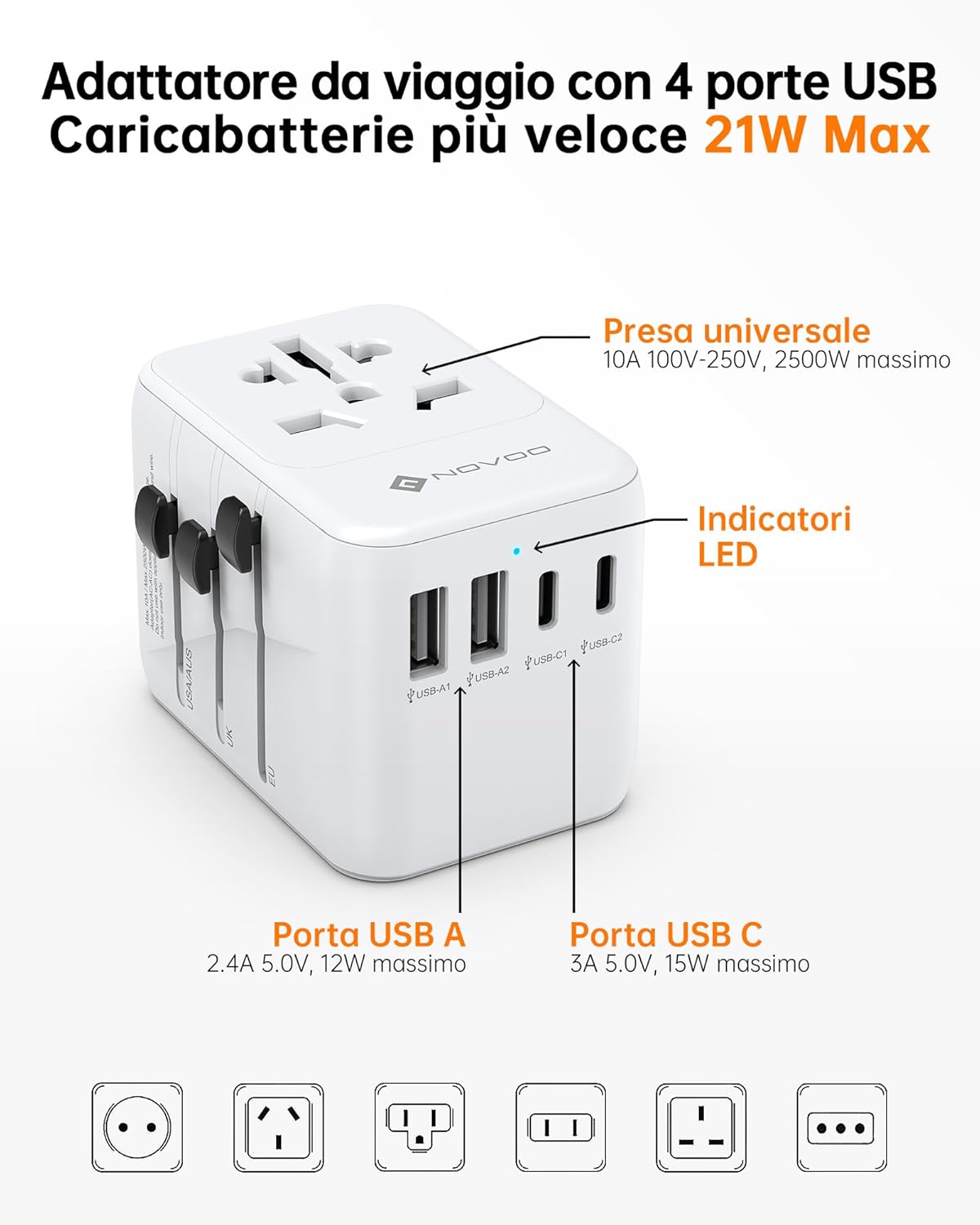 Novoo Adattatore Universale da Viaggio PD 21W - immagine 6
