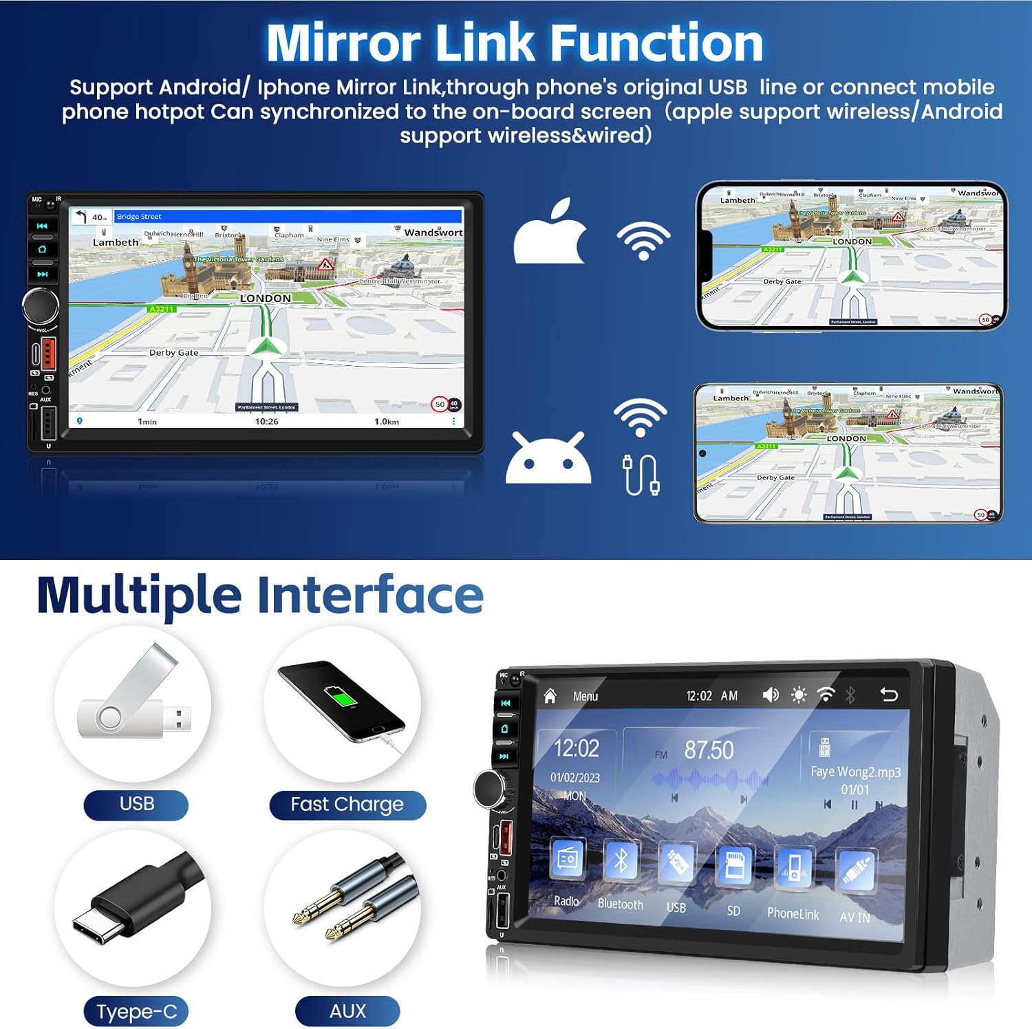 Autoradio 2 DIN Wireless CarPlay Android Auto 7 Pollici - immagine 6