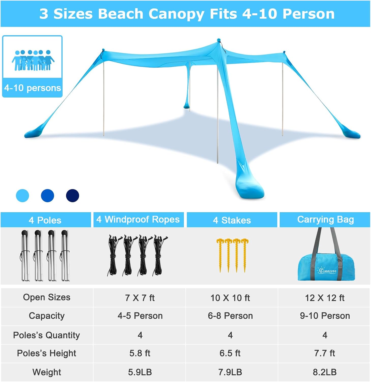 Commouds Tenda da Spiaggia Parasole 2,1m x 2,1m - immagine 2