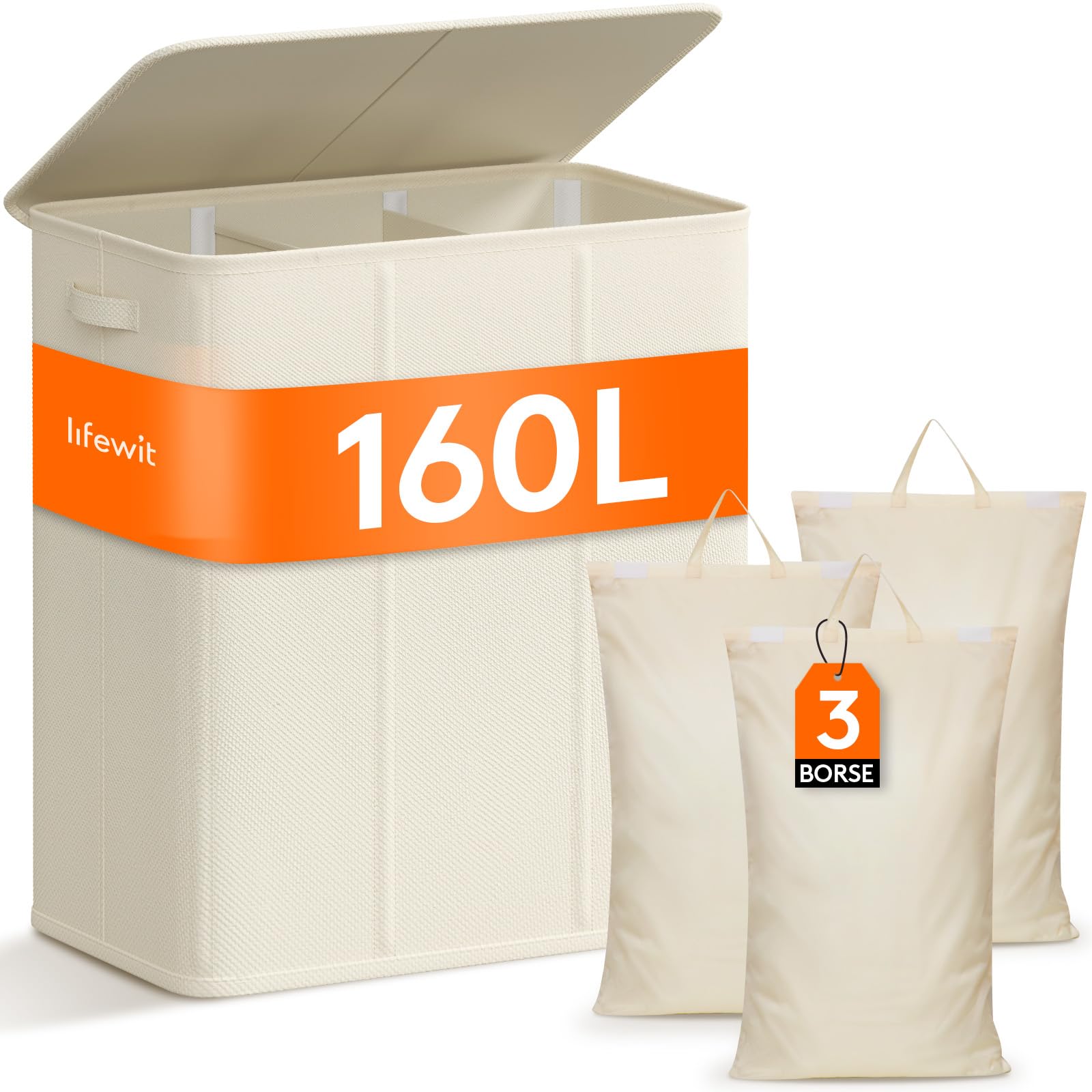 Lifewit Cesto Portabiancheria 160L con Coperchio, Bianco