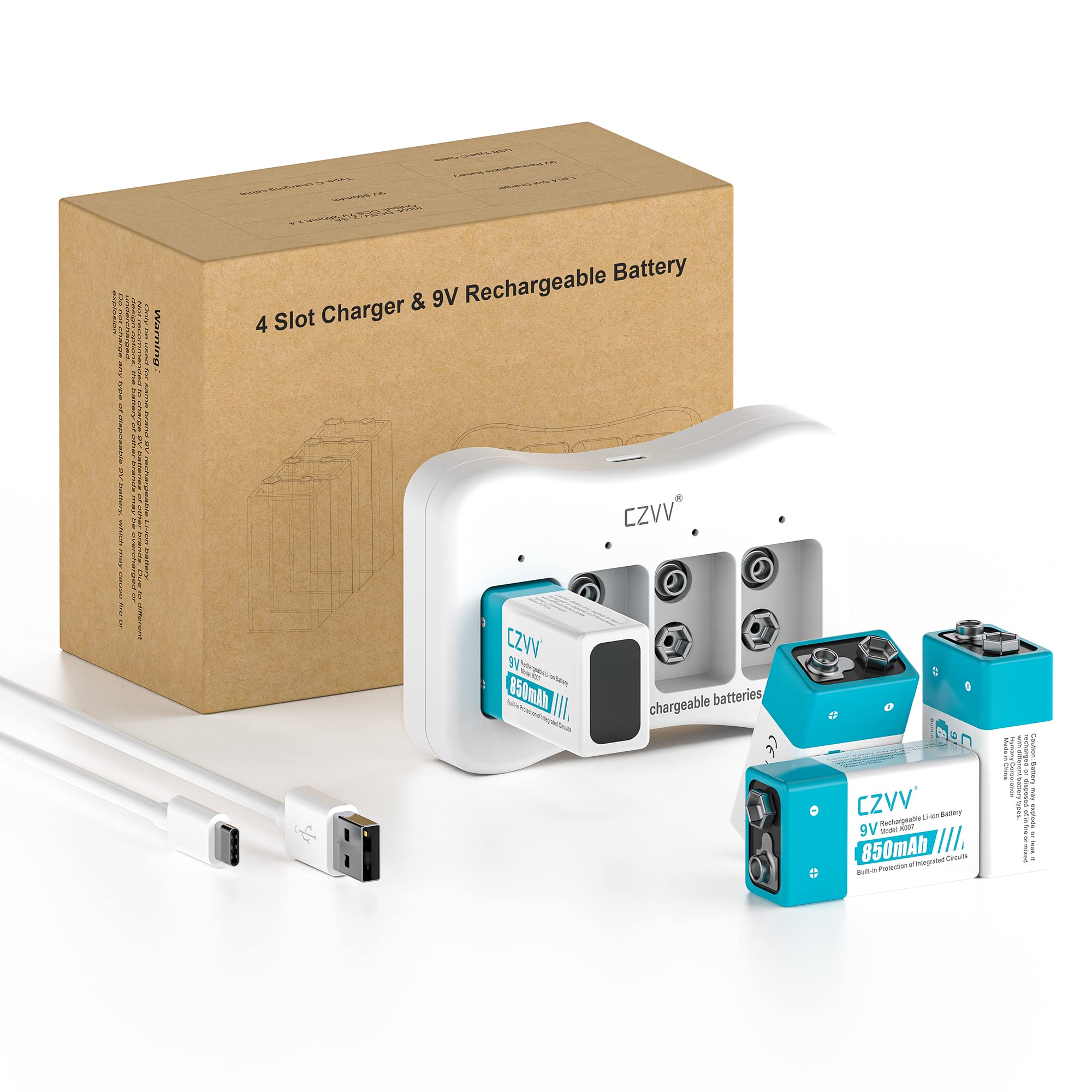 Czvv Pile Ricaricabili Litio 9V 850mAh (4 Batterie)